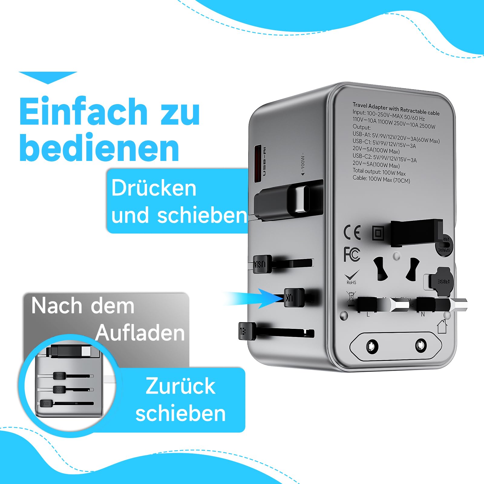 Minthouz Reiseadapter Weltweit,GaN Ⅲ PD 100W Universal Reisestecker mit 2 USB C und 1 USB A,Internationaler Steckdosenadapter mit ausziehbar Kabel,Universaladapter für UK USA Japan China (P100W-C)