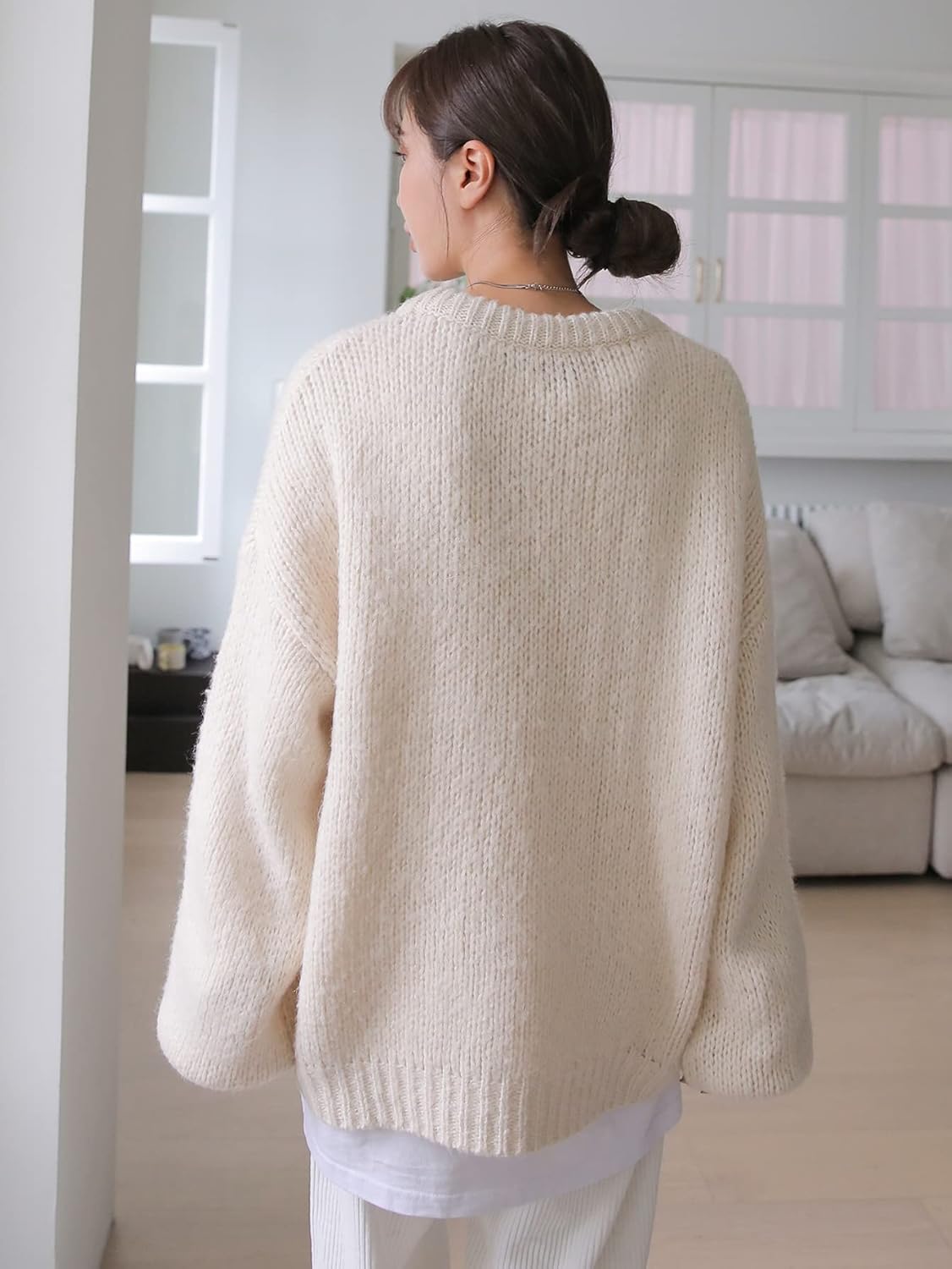 Women's Sweater Solid -Neck Drop Shoulder Sweater Sweater for Women (Color : Beige, Size : Medium)
