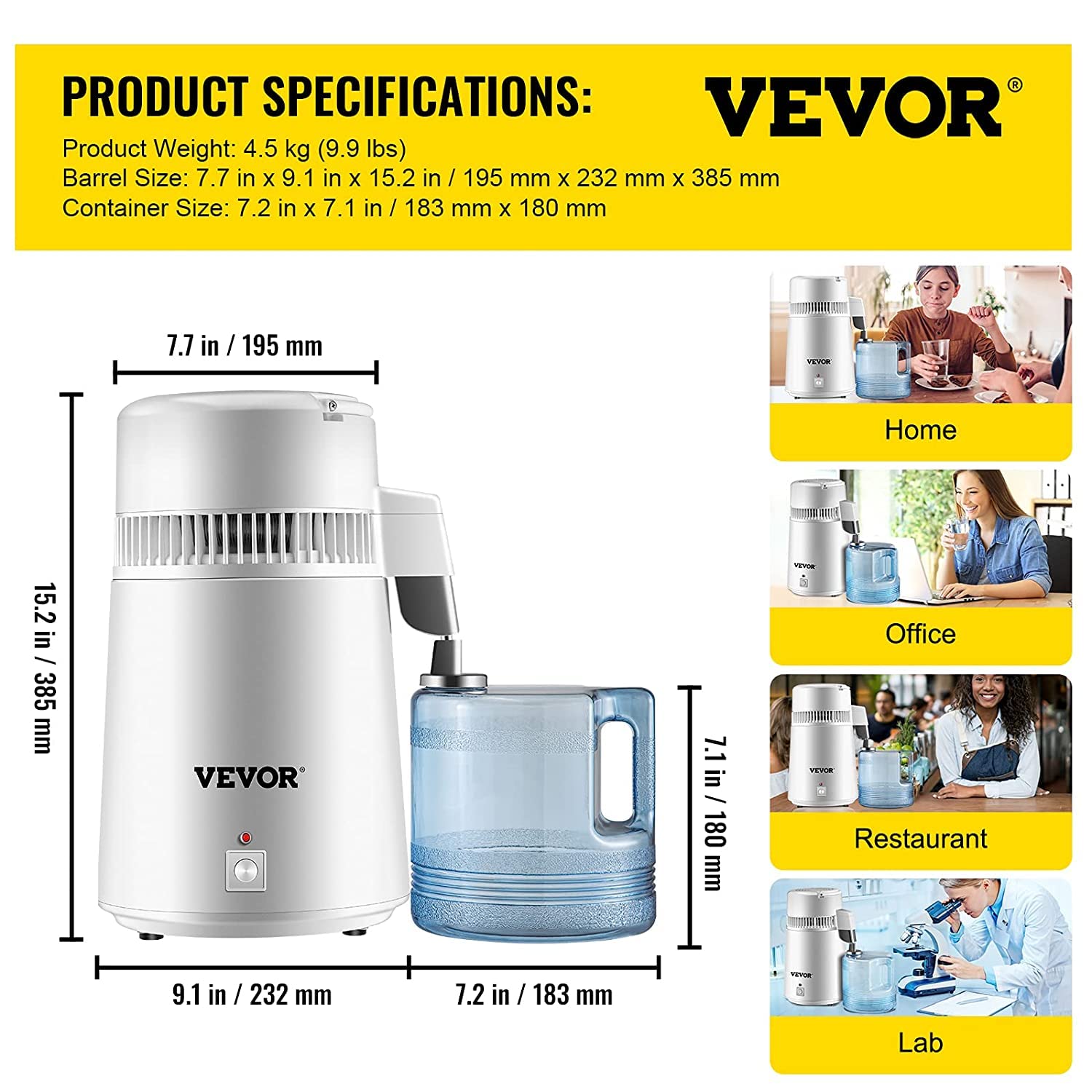 VEVOR Distillatore d'acqua 750 W,Distillatore in acciaio inox 4 L,Distillatore d'acqua per laboratori/ospedali/cliniche dentali/uffici/case/viaggi