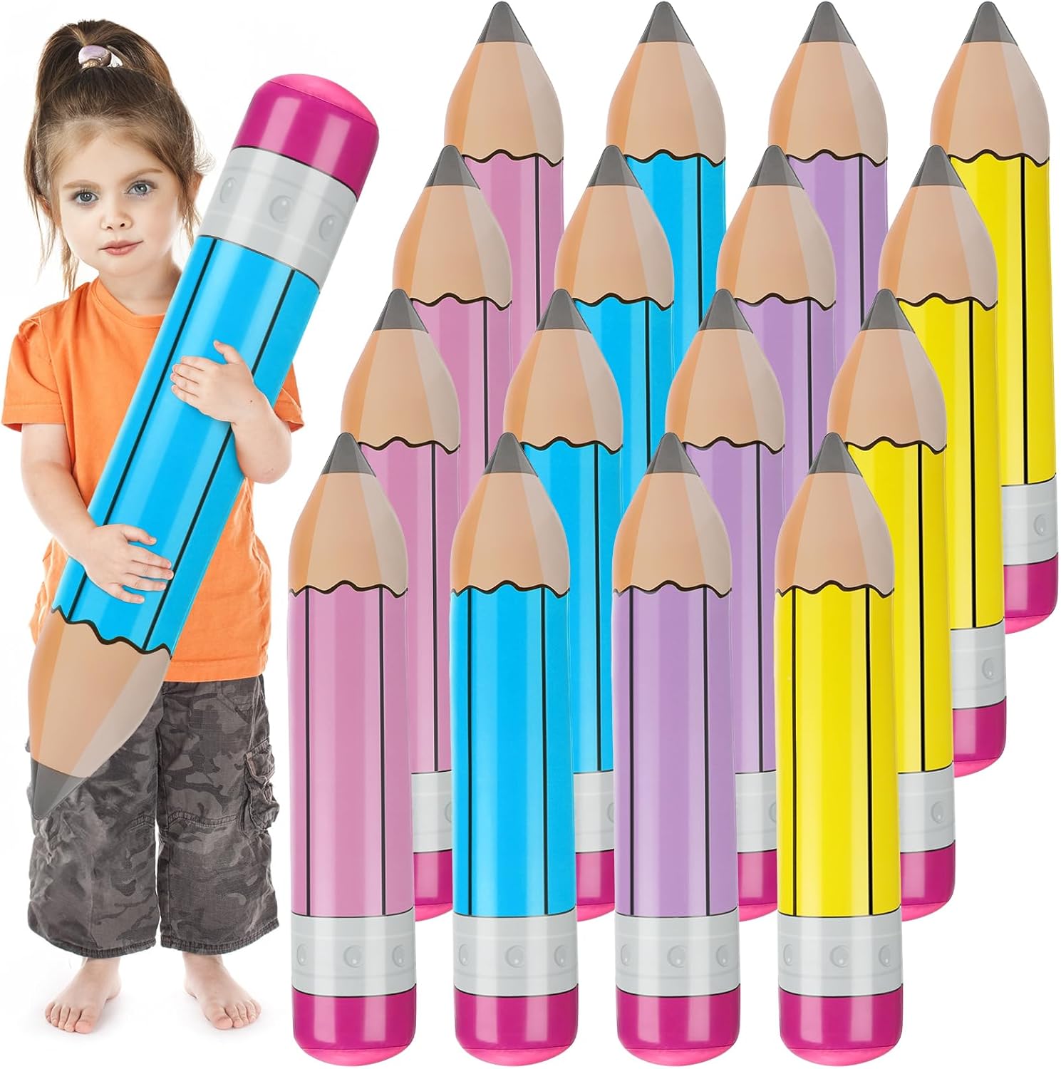 16 Pieces Giant Inflatable Pencil Balloons 28.7 Inch Jumbo Blow Up Pencils Funny Hanging Classroom Decoration for Back to School, Graduation, Photo Props, Birthdays Party Decorations, Multicolor