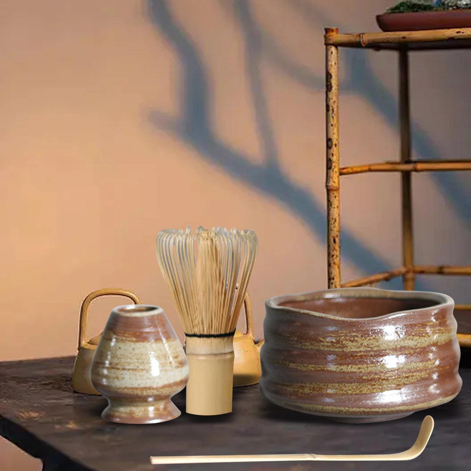 AAGAZA Handmade Matcha Whisk Set Ceramic Whisk Holder Matcha Ceremony Kit Matcha Spoon Matcha Bowl for Restaurant Dining Room Kithen Home Teahouse, Dark Brown/1386