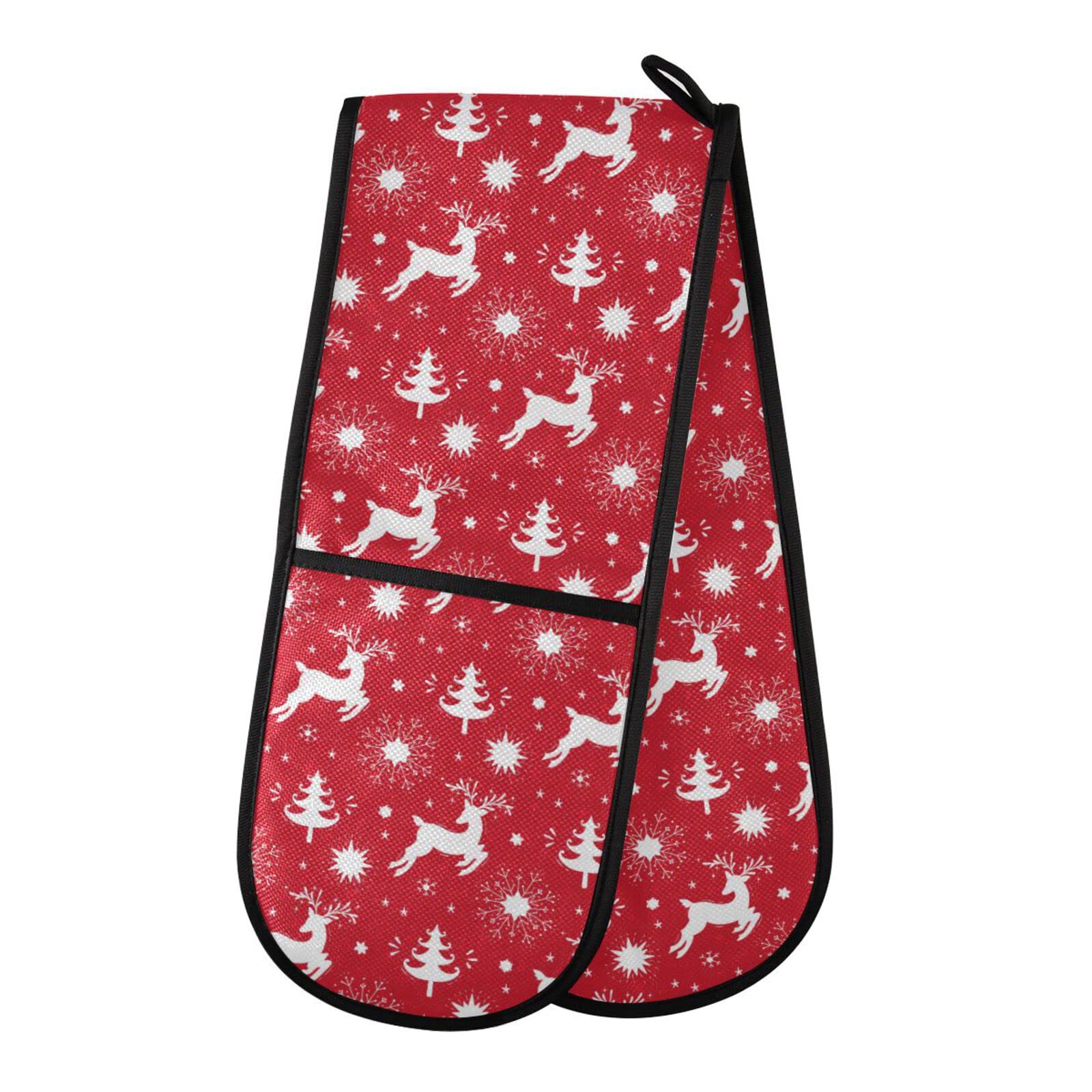 Double Oven Gloves Christmas Reindeer Xmas Tree Snowflakes Heat Resistant Pot Holder Oven Mitt Gloves for BBQ Cooking Baking Grilling Microwave — image 1