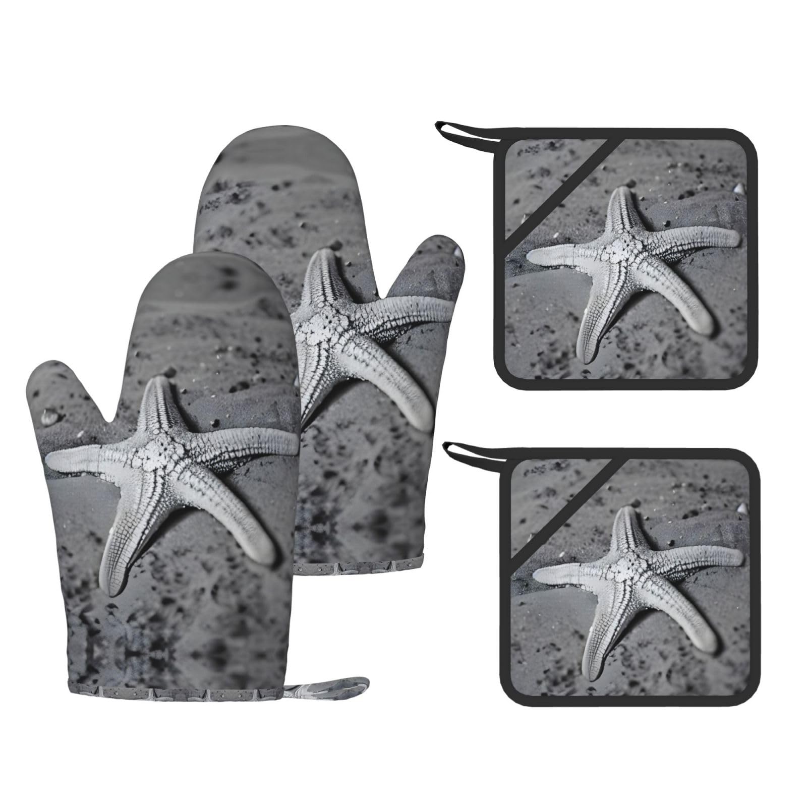 Summer Starfish Seashell Printed Kitchen Set with Heat Resistant Oven Gloves & Non-Slip Pot Holders for Daily Cooking