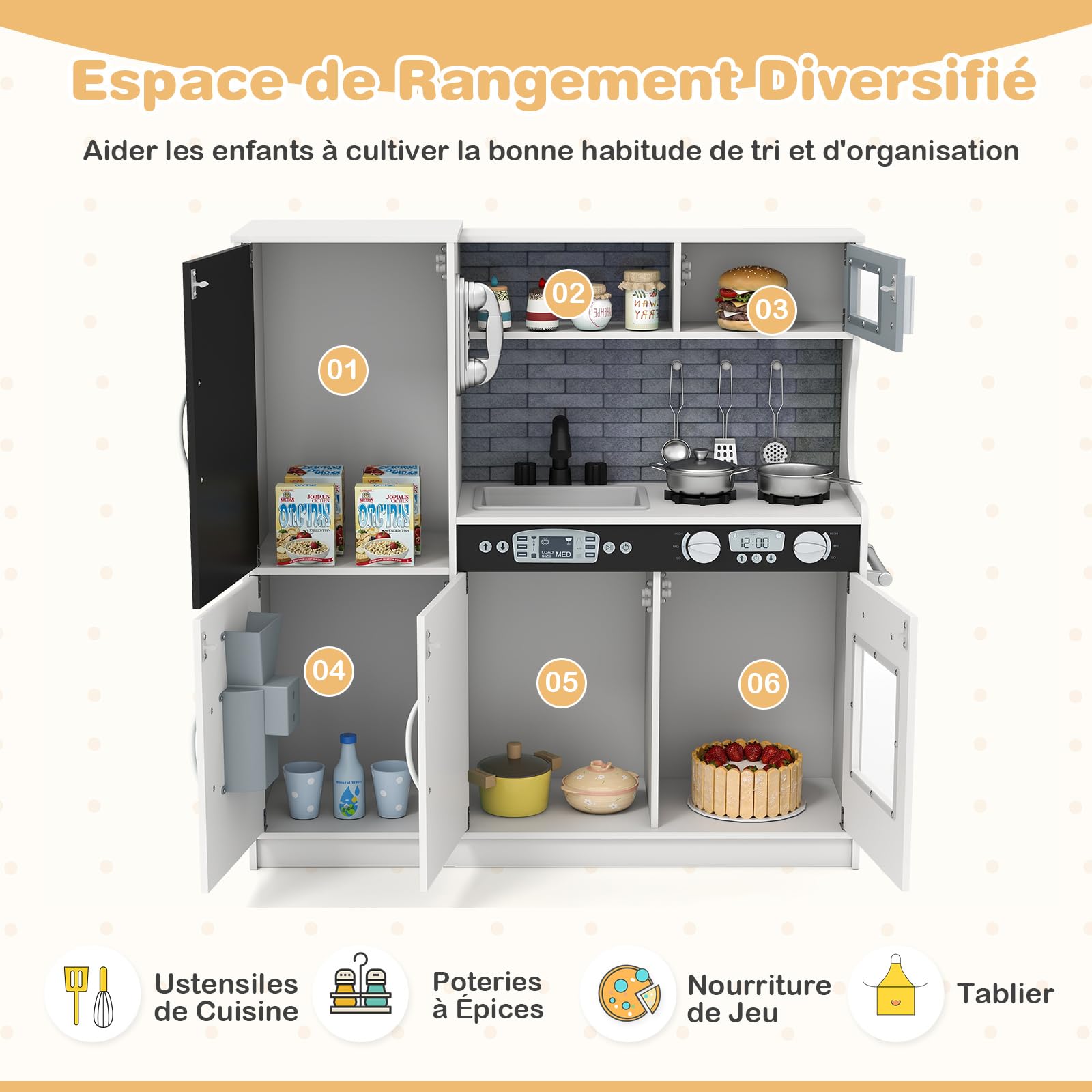 COSTWAY Cuisine Enfants en Bois avec Tableau Noir & Téléphone, Jeu de Cuisine Enfants avec Micro-Ondes & Machine de Glaçons, Jeu d’Imitation pour Enfants de 3-6 Ans, 82 x 24 x 80 cm (Beige)
