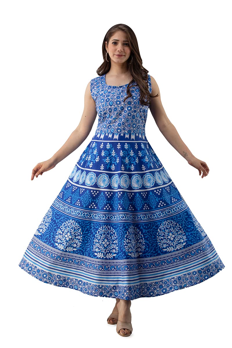 monique Brand Women's Fit and Flare Cotton Rajasthani Jaipuri Flower Printed A-Lined Maxi Dress (FULBUTI-B-Free Size) Steel-Blue-picture-3