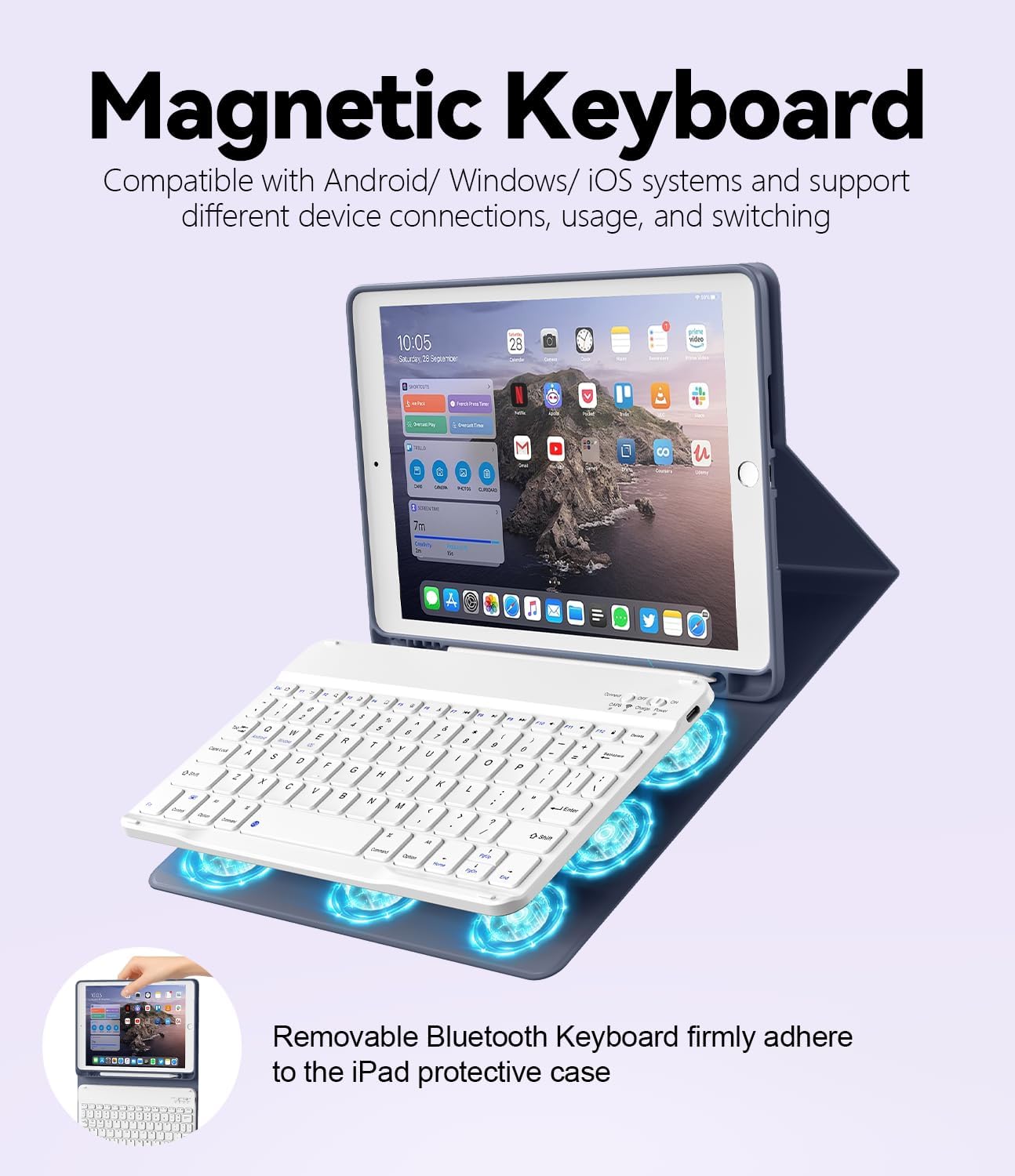 for iPad 9th 8th 7th Generation Case with Keyboard 10.2 Inch, Detachable Wireless Folio Keyboard Cover with Pencil Holder, iPad 10.2 Inch 2021/2020/2019 Model, Purple