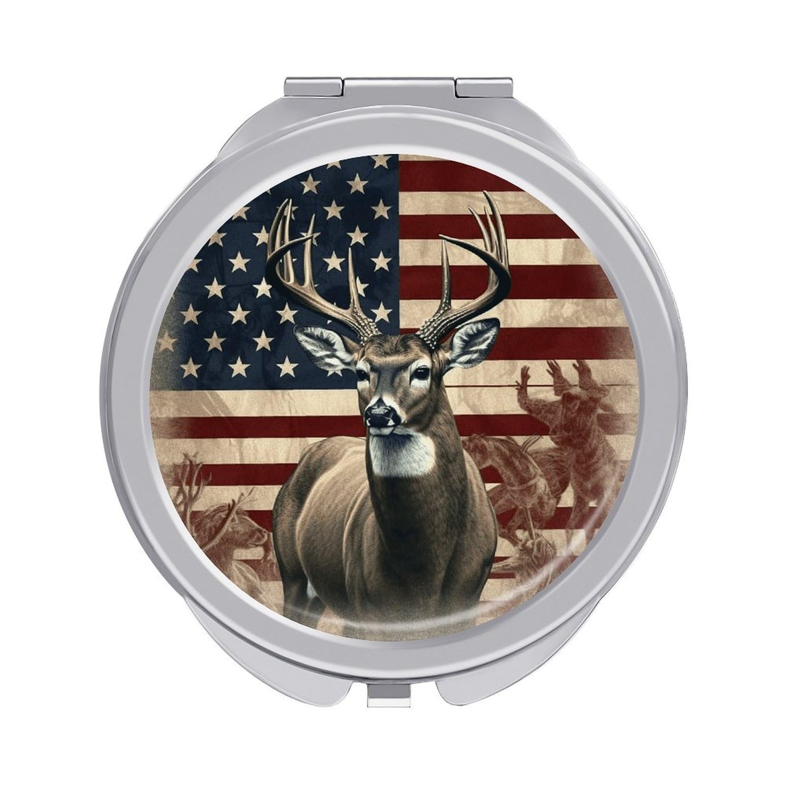 VstaDank Americana Flag Deer Travel Makeup Mirror 2 X /1 X Magnifying Mini Vintage Pocket Mirror for Purse Small Portable Folding Small Round Mirrors Portable Vanity Mirrors for Women