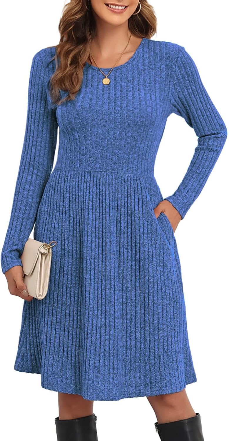 Women's Knit Textured Sweater Dresses Long Sleeve Loose Casual Pleated Fall Dress with Pockets,Royal Blue, 3XL