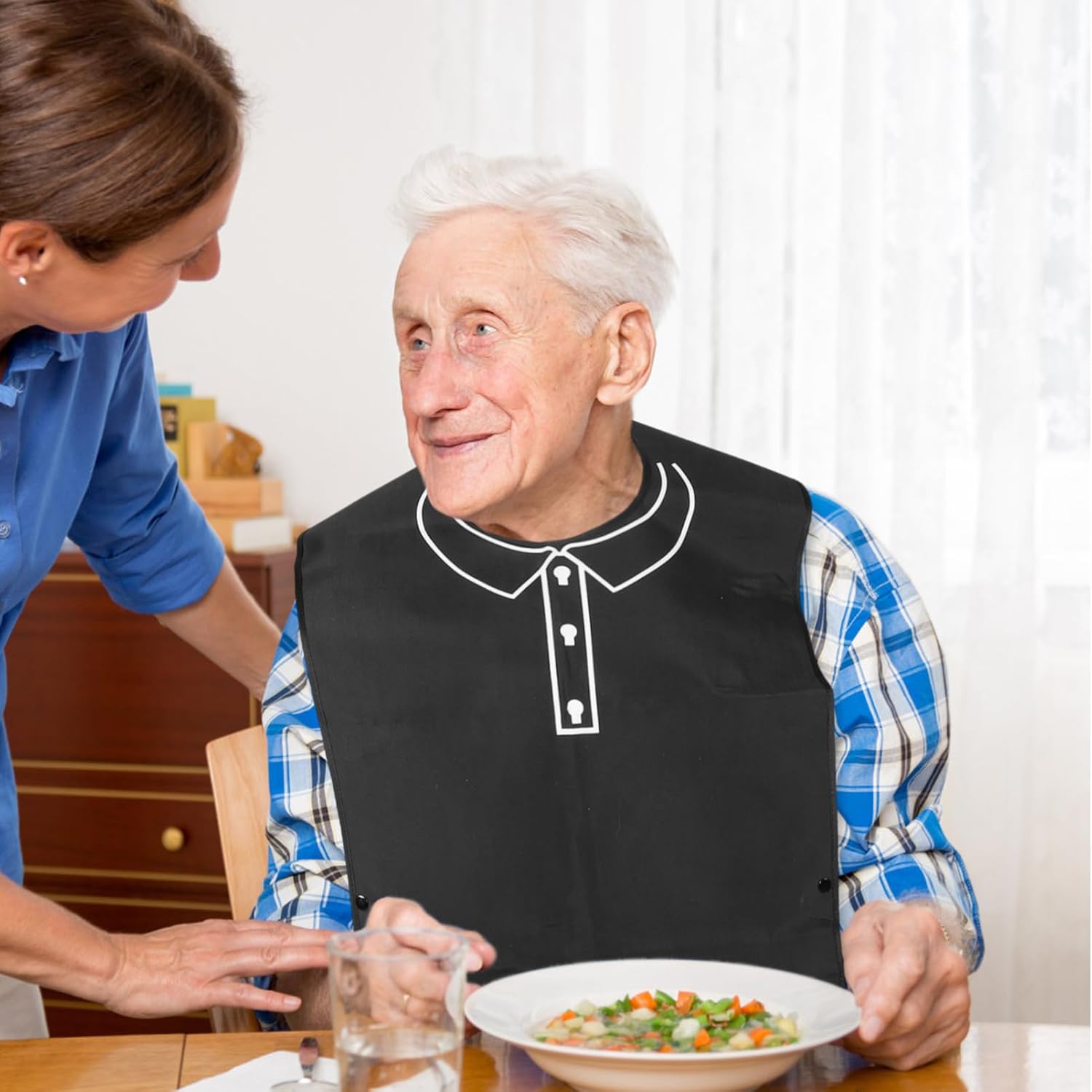 Waterproof Reusable Adult Bib: Double-Sided Feeding Bib For Elderly Men And Women - Washable Dining Clothing Protector For Seniors Eating