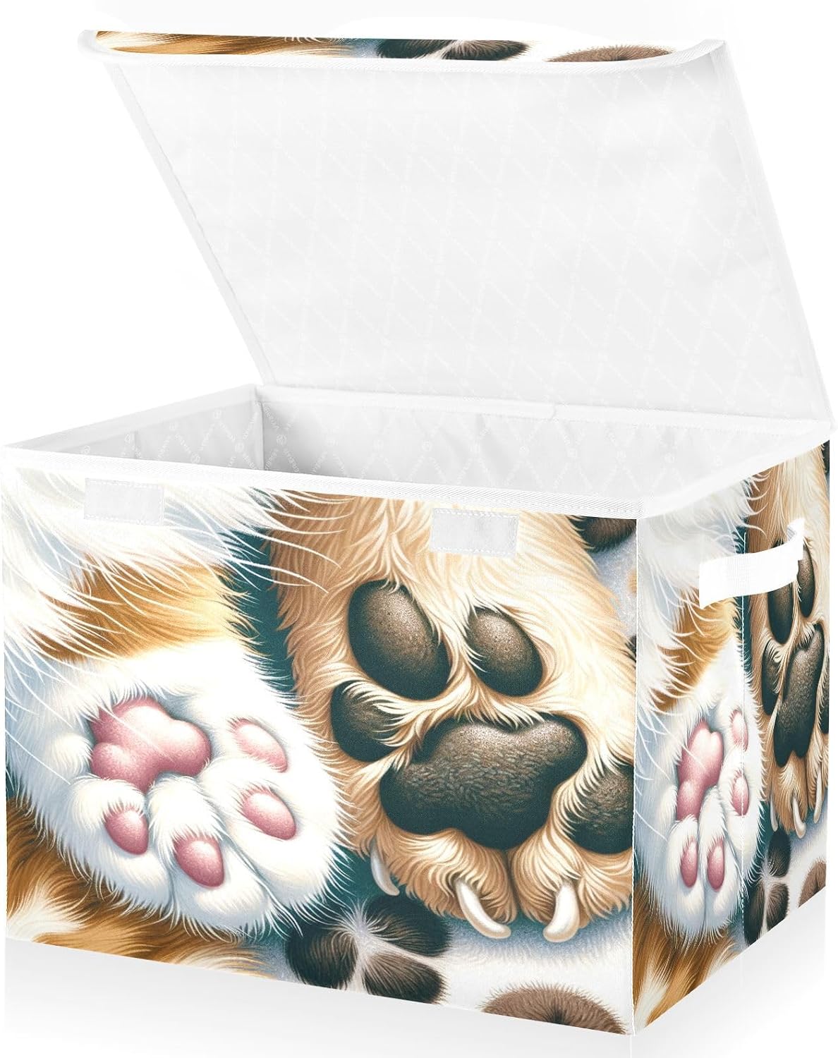 Funny Cat and Dog Paws Fabric Storage Bin with Lid, Collapsible Basket with Handles, Shelf Cube Closet Organizer for Home and Bedroom