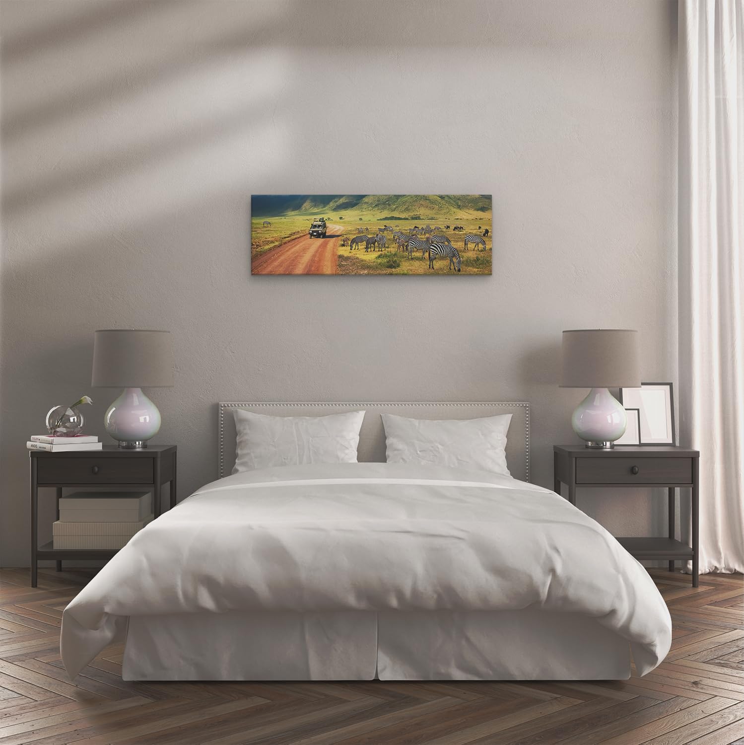 Artaza Leinwand Bilder Zebras Safari - 120x40 cm - Groß XXL - Wanddeko Tierbilder - Wandbilder Landschaftsbilder Berge - Deko Wohnzimmer