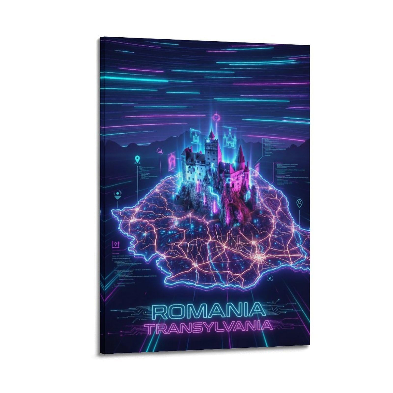 XKUGA Retro Neon Map Gamer Room Poster Romania Modern Decorative Canvas Prints - Ideal Wall Art for Family, Man Cave, Game Room, Boys & Girls Bedroom 12x18inch(30x45cm)