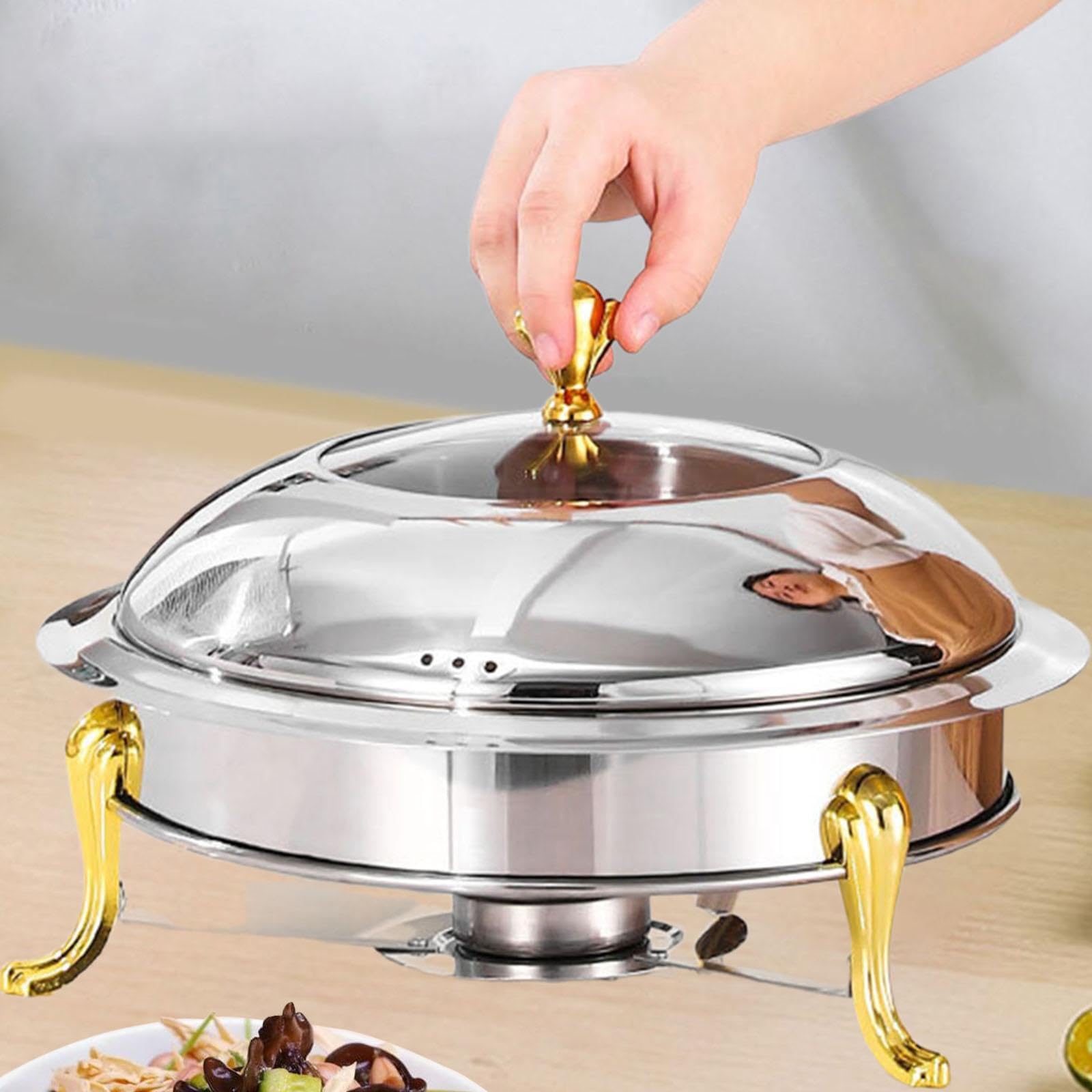 Juego de Calentador de Alimentos Tipo Buffet de Acero Inoxidable, Redondo, con Tapa Y Estructura Resistente, Ideal para Catering, Fiestas, Bodas, Sin Mango