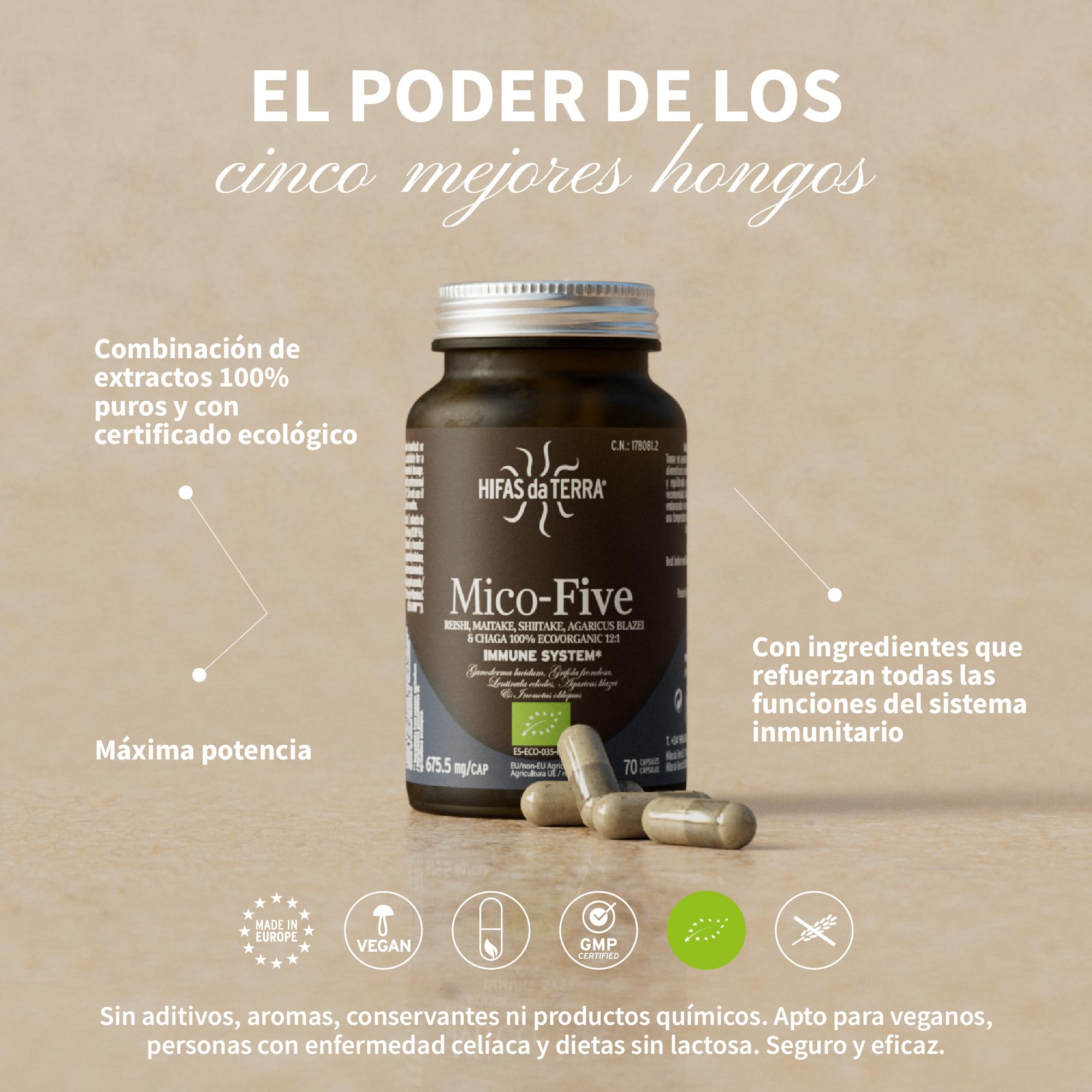 HIFAS DA TERRA - Mico-Five - Extracto Puro de Reishi, Maitake, Shiitake, Champiñón del sol y Chaga con Vitamina C - Refuerzo inmunitario natural - Extracto de Hongos - Refill 60 Cápsulas
