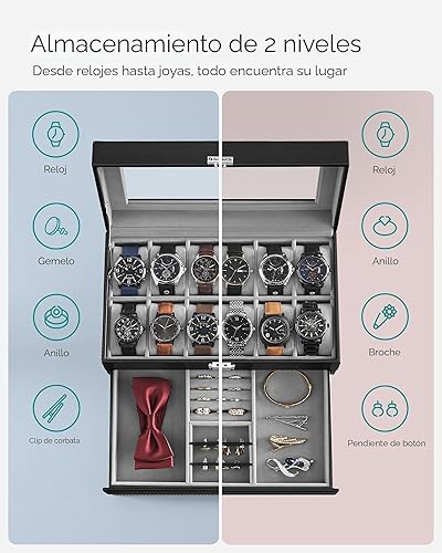 Miniatura 3 de SONGMICS Caja de reloj Organizador de 12 relojes de hombre Joyero con cerradura y llaves Negro UJWB012