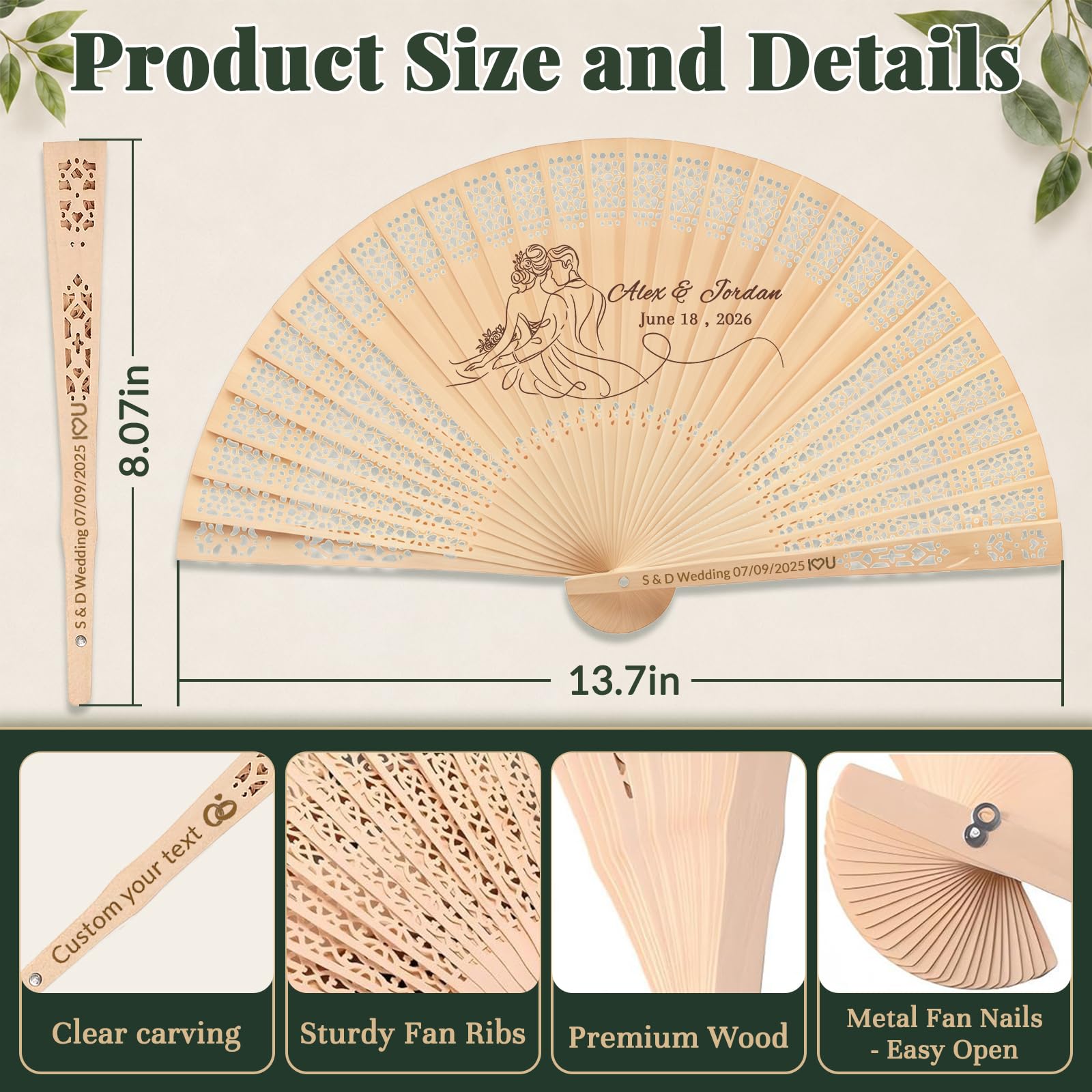 Personalisierte Holzfächer für Hochzeitsgäste – 100 Stück mit Namensgravur (100) | Gravur mit Namen/Datum/Logo | Holzklappfächer | Inkl. Organza-Beutel | Gastgeschenk Hochzeit