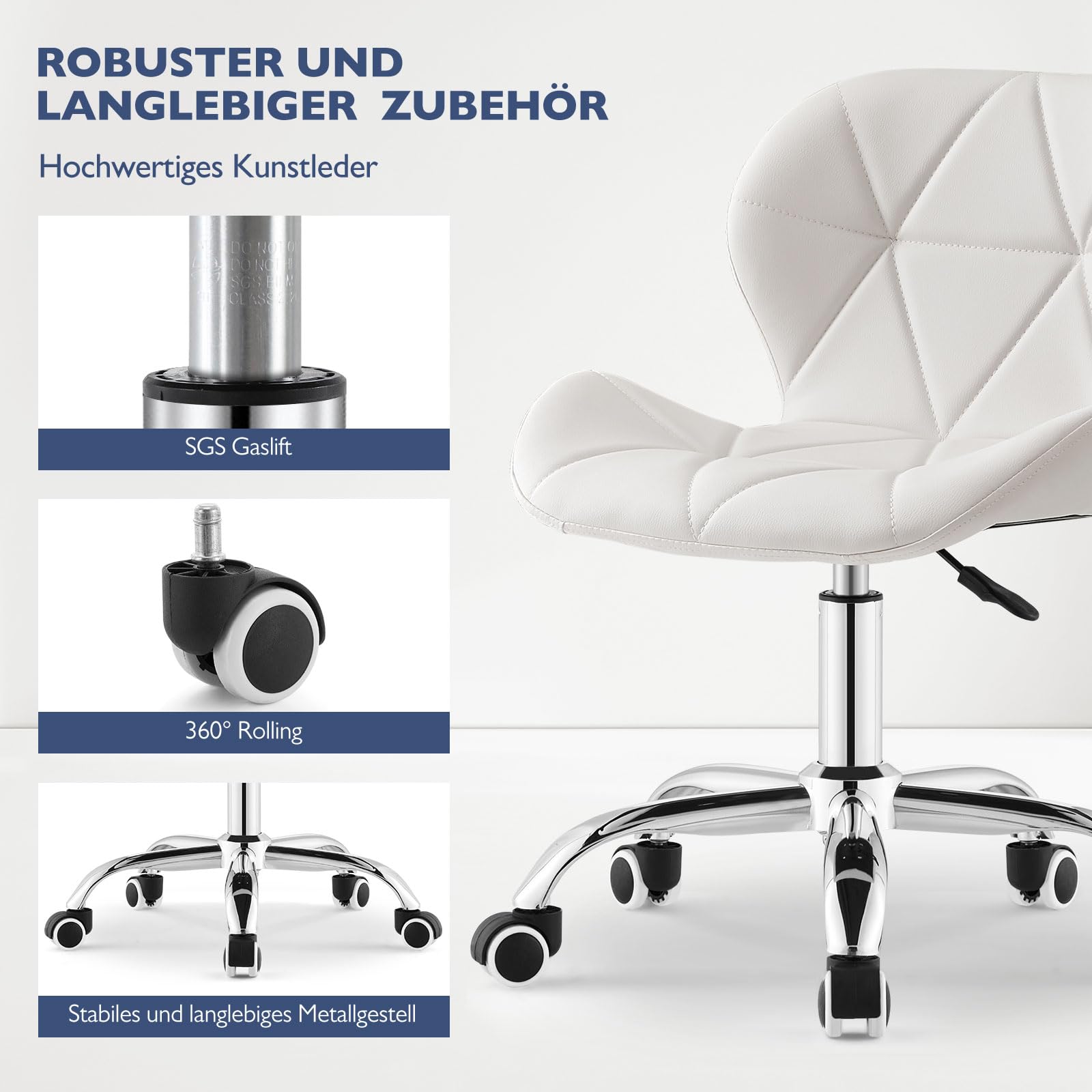 CLIPOP Bürostuhl ohne Armlehnen, Drehstuhl 360°, Schreibtischstuhl mit Rollen, höhenverstellbar, bis 120 Kg Belastbar, für Arbeitszimmer, Schlafzimmer, Homeoffice, Schminkbereich, Weiß