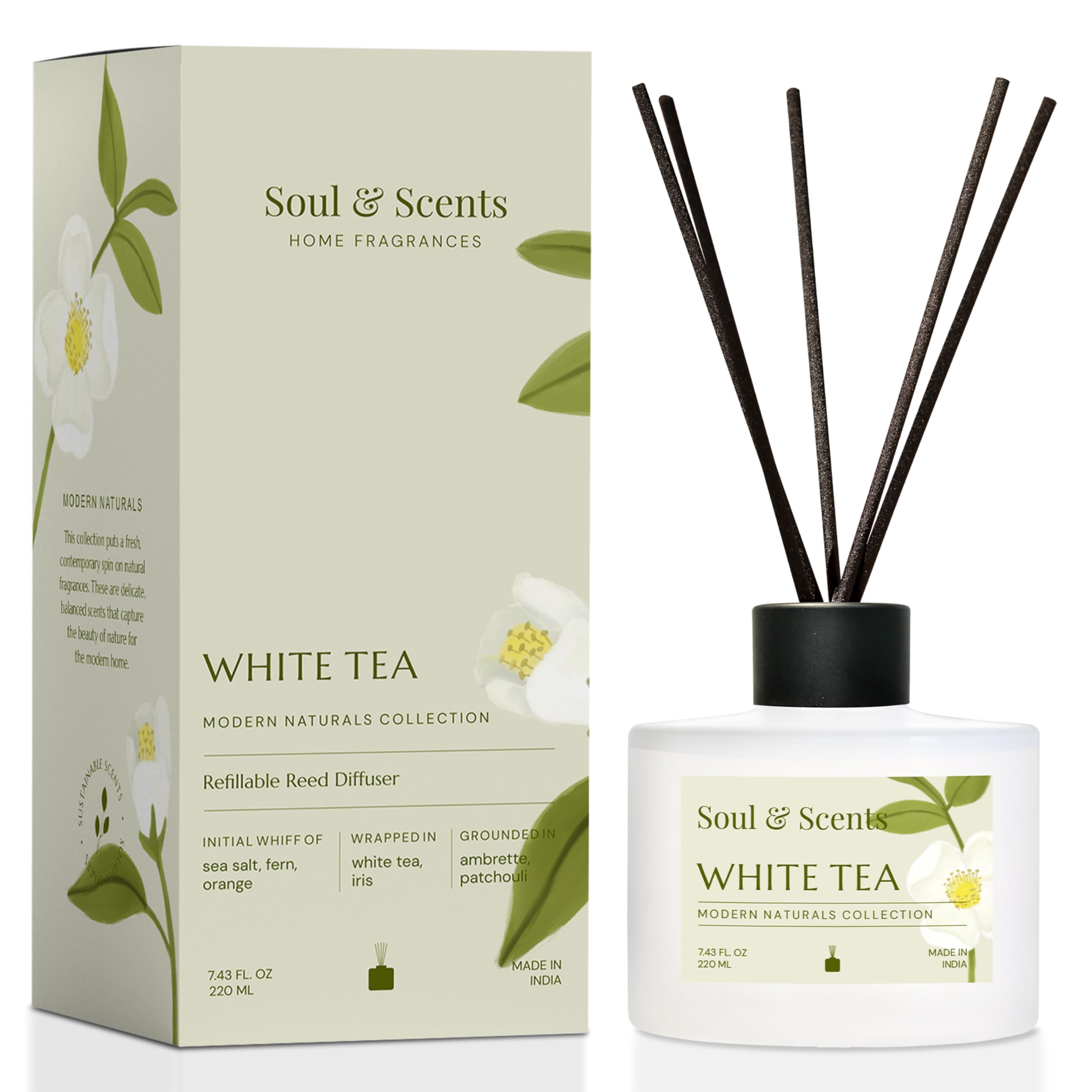 Soul & Scents Reed Diffuser Set – White Tea | 7.43 oz Refillable Scented Oil with 6 Fiber Sticks | Long-Lasting Home Fragrance & Air Freshener for Bedroom, Bathroom, Office | Gift & Décor Piece