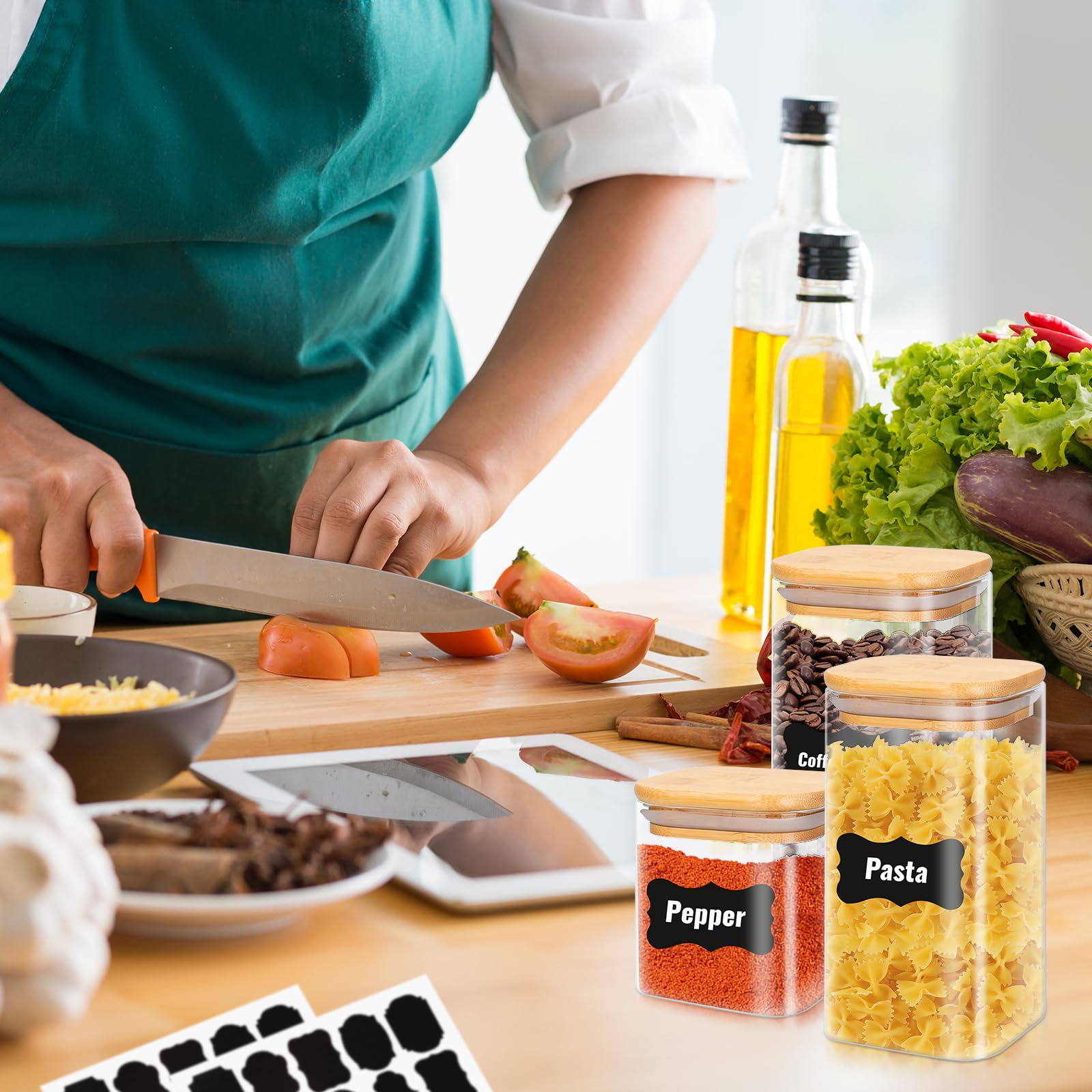 Tarros de Cristal con Tapa 12pcs,430ml/750ml Botes de Vidrio para Cocina, Almacenaje de Plástico con Etiqueta, para Granos Harina Azúcar
