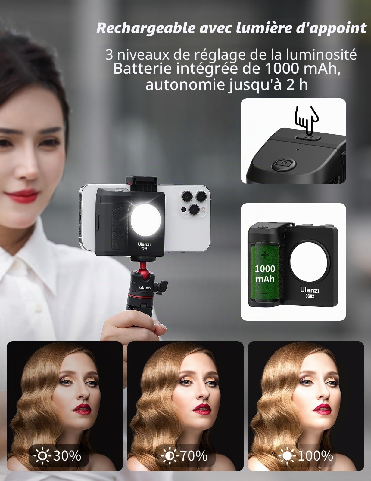 ULANZI Cap Grip CG-02 Smartphone Handle Grip, Poignée Smartphone avec Détachable Télécommande Bluetooth, Stabilisateur iPhone avec 3 Niveaux de Réglage de Lumière pour Capture Selfies Parfaits