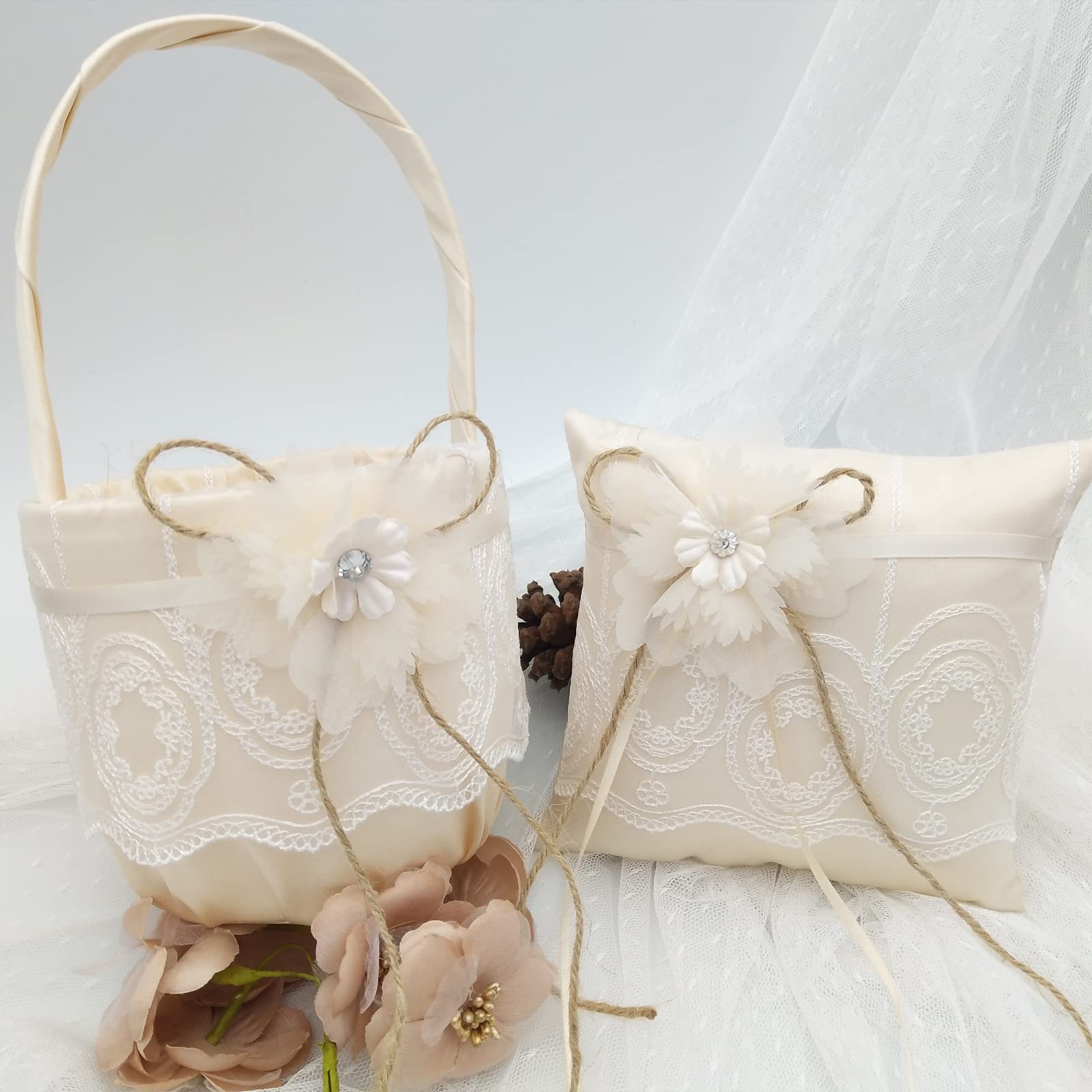 Conjunto de cojines para doncella de honor y porta alianzas, cojín para alianzas y cesta de flores, colección romántica de satén con lazo de encaje para fiesta de aniversario de