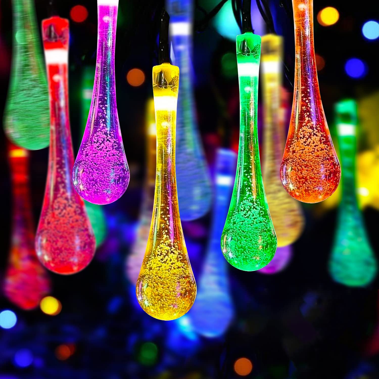 AUTOYSURString Lights 32.8FT 100LED Water Drop Fairy Lights, Powered Teardrop Twinkle Lights Outdoor Waterproof for Garden Patio Yard Wedding Party Decoration Multicolor (Four colors)