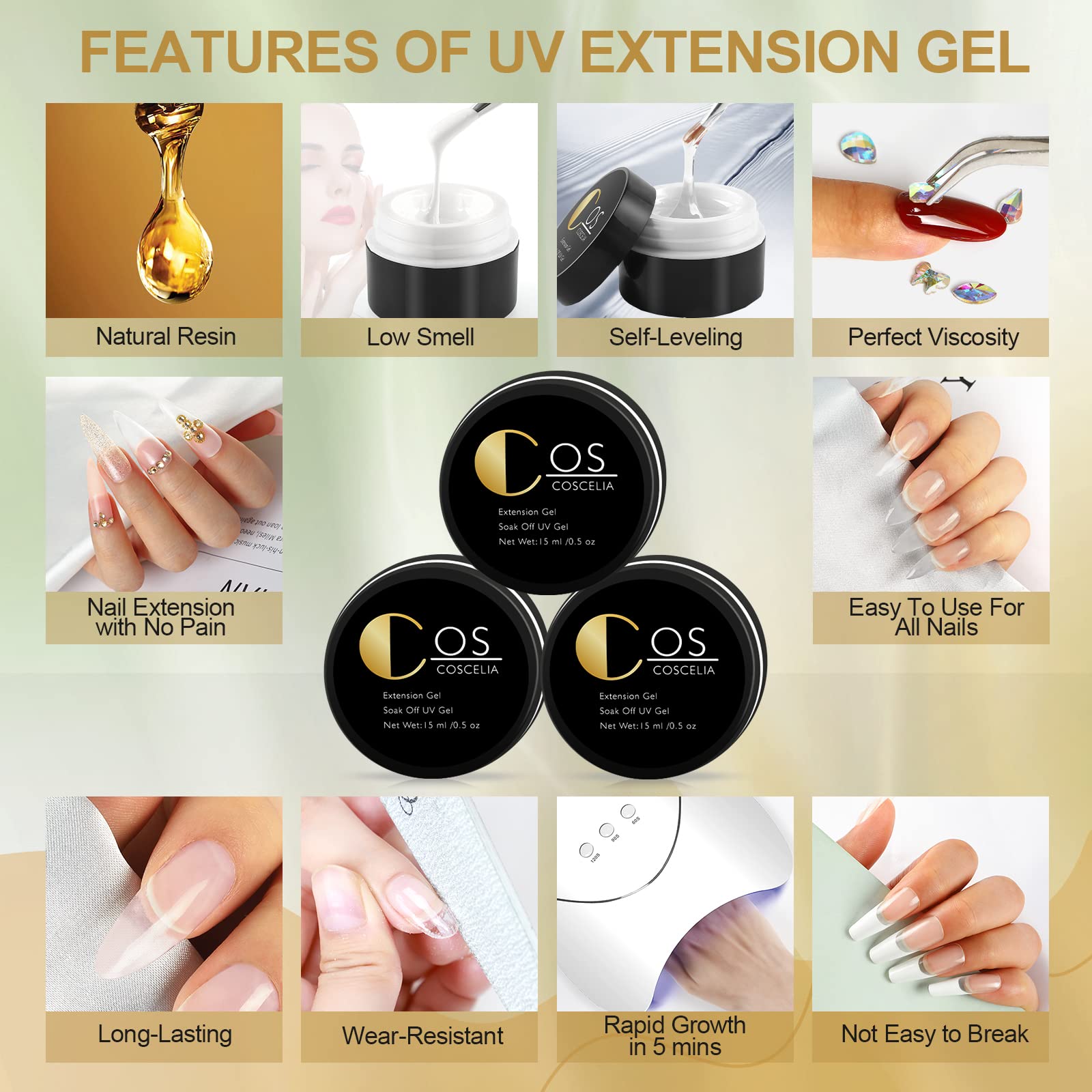 COSCELIA UV/LED Gel do Budowy Paznokci, 6 szt. Różowy Biały Przezroczysty Gel do Przedłużania Paznokci oraz Gel Modelowania, Chroniący Złamane Paznokcie, Zestaw do Naprawy Manicure