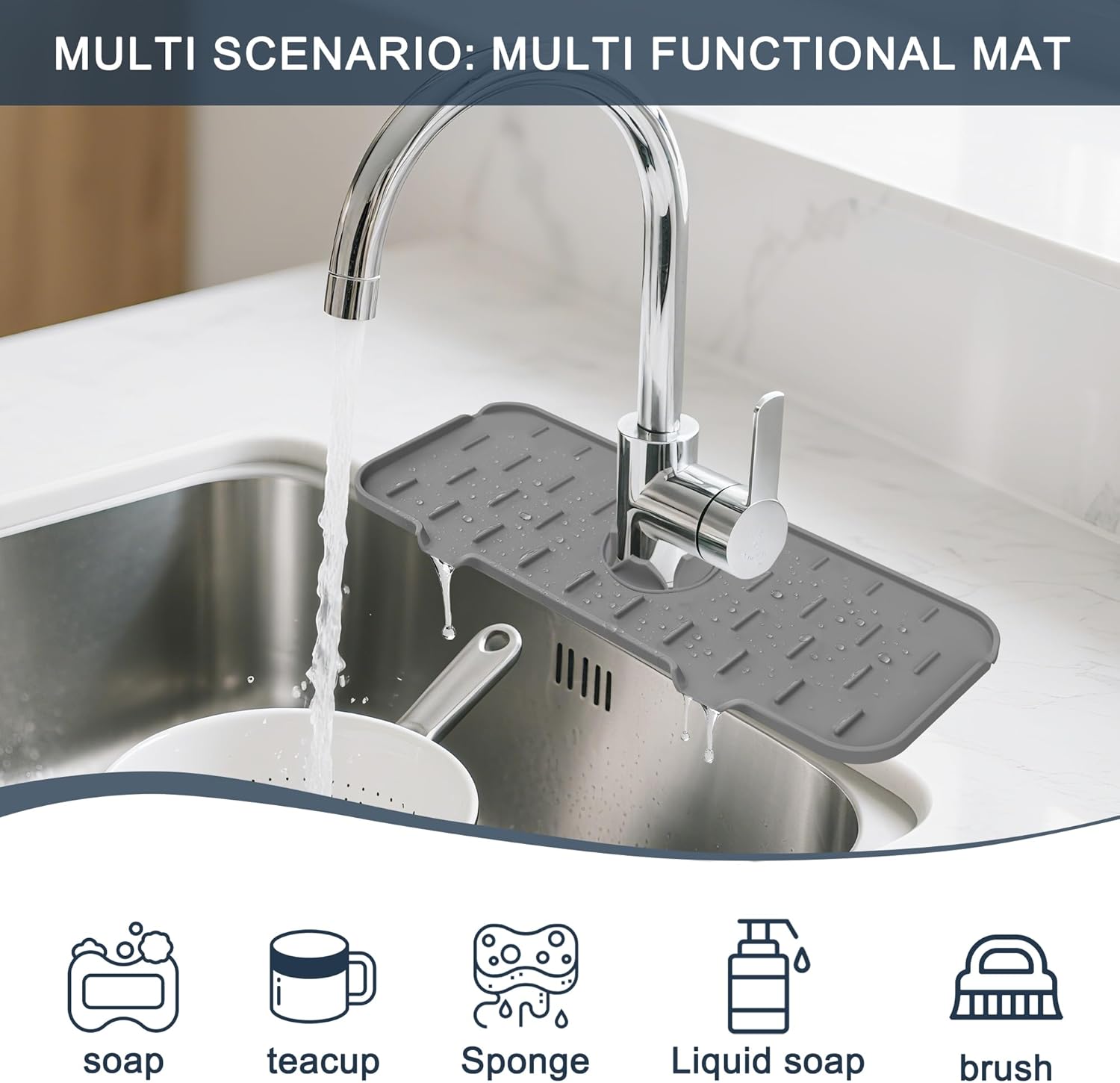 Kitchen Faucet Sink Splash Guard, Silicone Water Catcher Mat – Sink Draining Pad Behind Faucet, Grey Rubber Drying Mat for Kitchen & Bathroom Countertop Protect