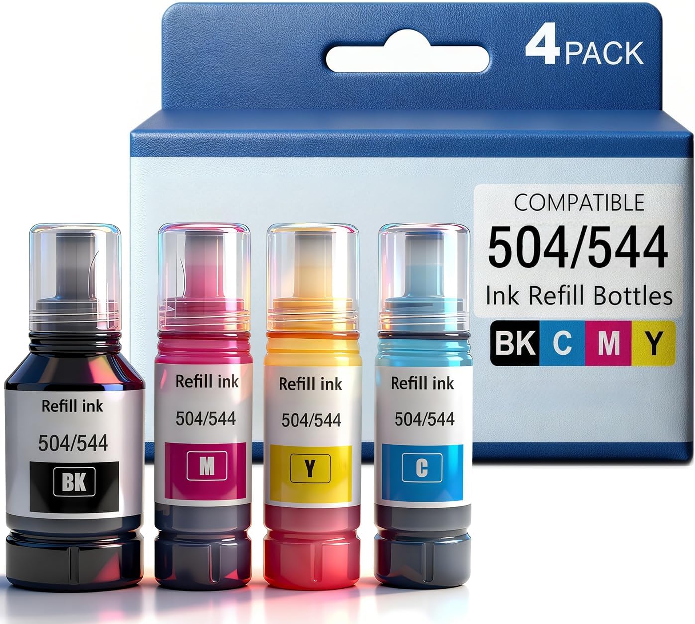 T544/T504 Refill Ink Compatible with Epson 504 544 Ink Refill Bottles Use for ET-2800 ET-2803 ET- 2720 ET-2760 ET-3760 L1210 L3210 L3250 L3260 Printer Black Cyan Magenta Yellow Ink 4 Pack