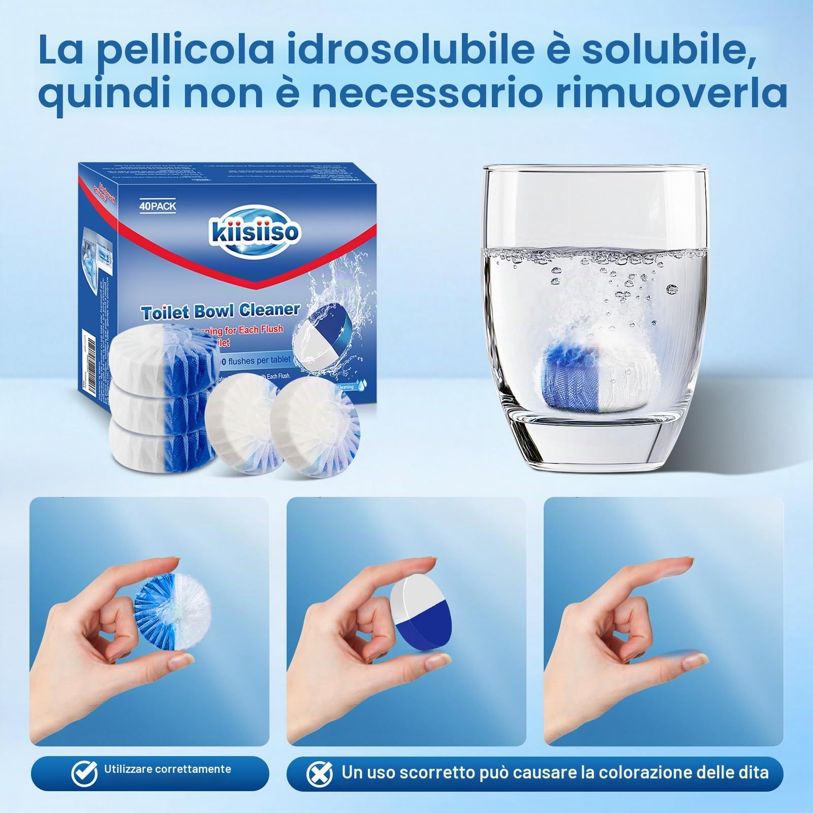 KIISIISO Confezione da 40 pastiglie detergenti per WC, a lunga durata, con tecnologia a rilascio prolungato contro le macchie ostinate, detergente automatico per WC per deodorare e decalcificare