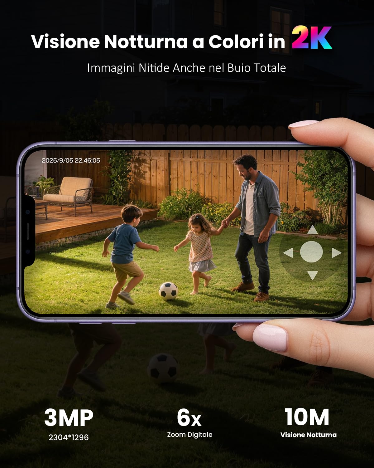 Telecamera WiFi Esterno 2K/3MP con Pannello Solare 2 in 1 | Senza Fili con Batteria, 360° PTZ, Visione Notturna a Colori, PIR, Audio Bidirezionale, Senza Abbonamento