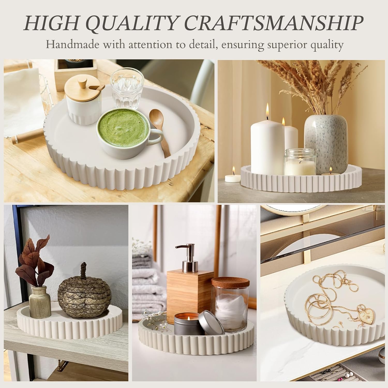 13" Round Solid Concrete Decorative Tray - Heavy Duty Fluted Centerpiece for Coffee Table, Serving, Patio, Home Office & Entryway - Modern Home Decor Trays(Gray) - Image 4