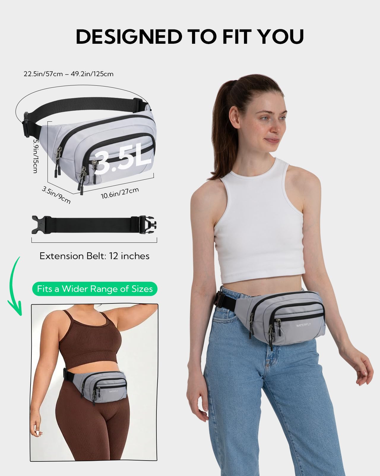 WATERFLY Riñonera para hombre y mujer: riñonera grande con protección RFID con correa de extensión, elegante bolsa deportiva para viajes, senderismo y exteriores, gris, Riñonera grande