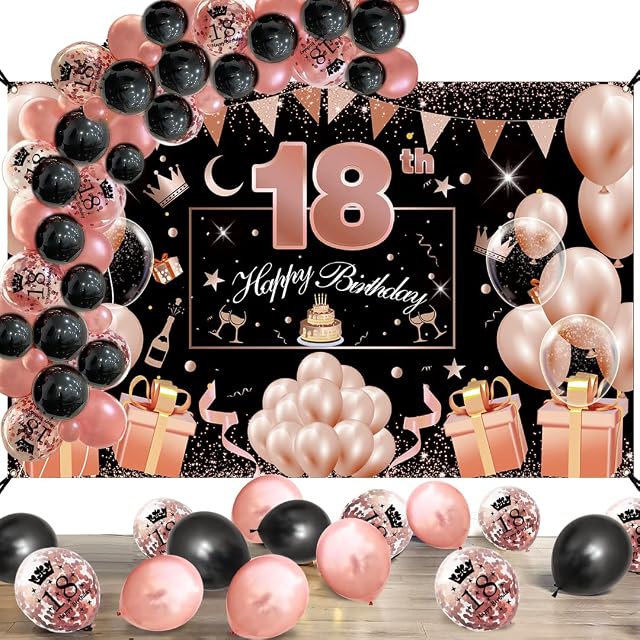 SWPEED 18th Birthday Party Decorations Black Rose Gold, 18th Birthday Rose Gold Fabric Banner Poster Photo Backdrop and Black Rose Gold Confetti Latex Balloons for Girls, 190×120cm(74.8×47.2 inch)