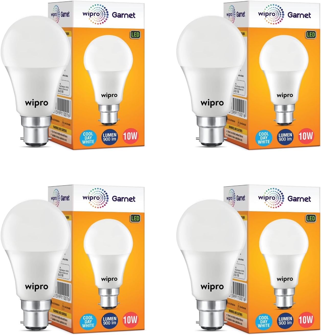 wipro Garnet 10W LED Bulb for Home & Office |Cool Day White (6500K) | B22 Base|220 degree Light coverage |4Kv Surge Protection |400V High Voltage Protection |Energy Efficient | Pack of 4