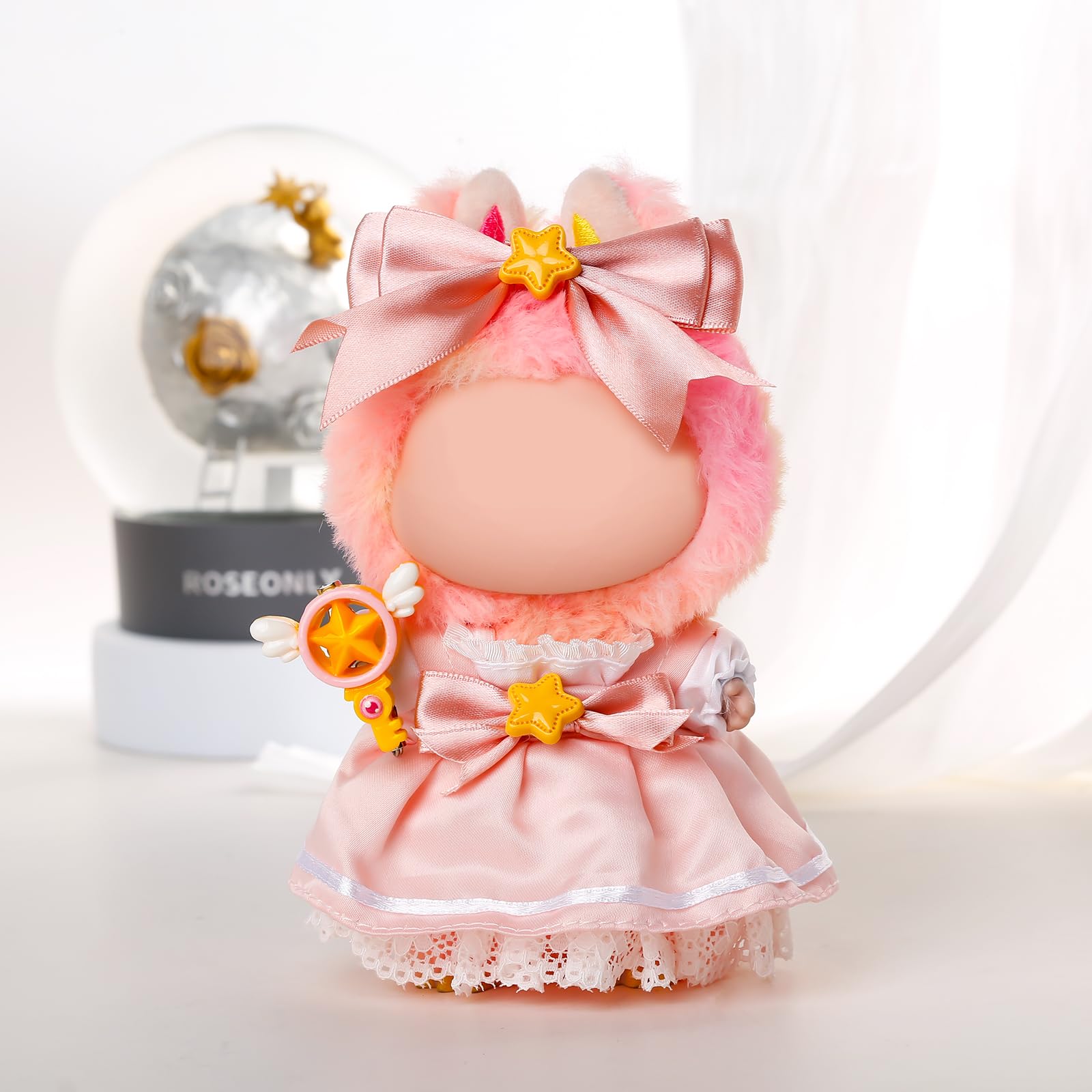 Chritice 4PCS Doll Clothes for Doll,Compatible with Labubu,Vinyl Plush Toy Outfit Set Accessories for 17CM Dolls,1 Tiara,Halter Dress,White Lined Dress & Magic Wand Clip,No Dolls - Image 4