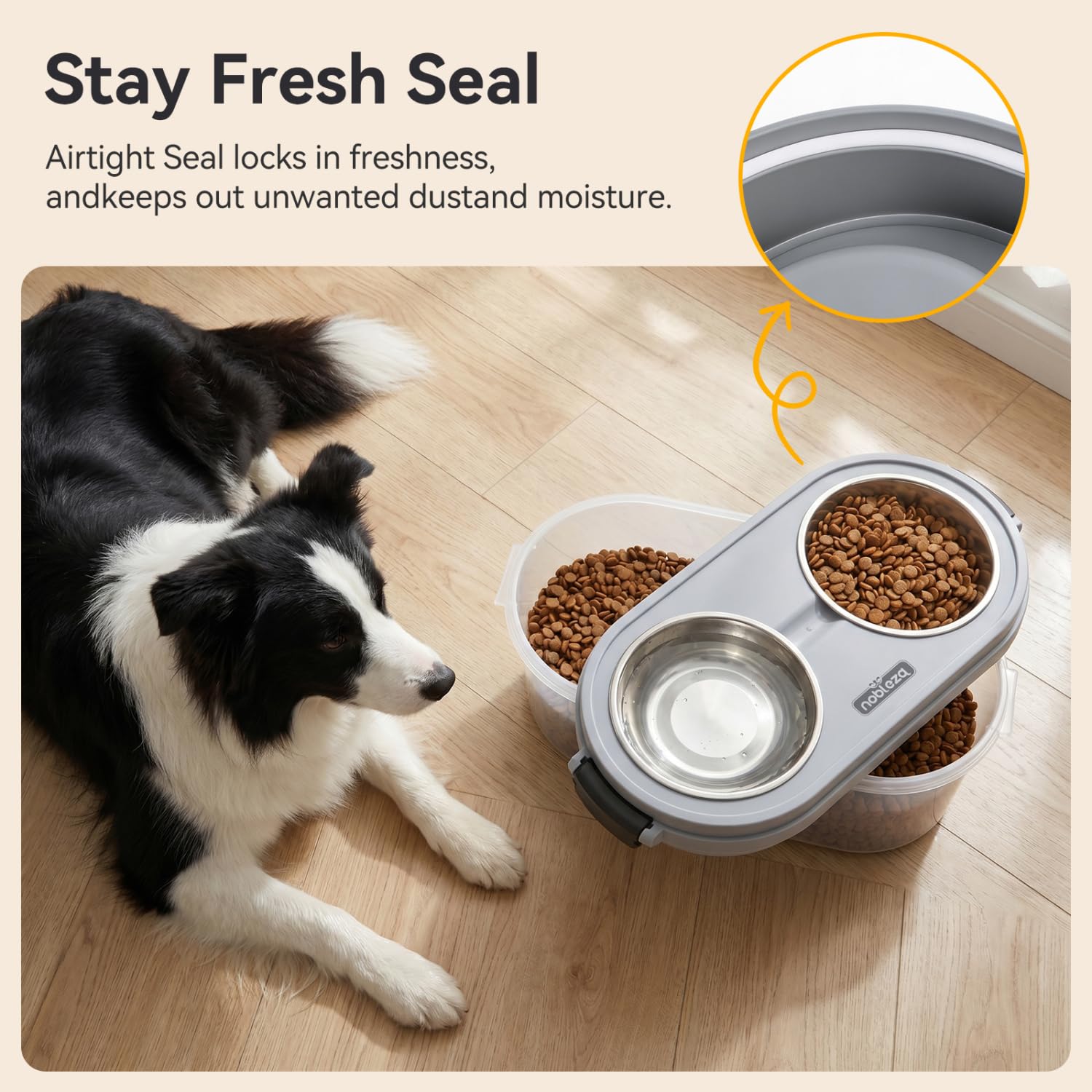 Nobleza 2 in 1 Ciotola per Cani Rialzata con Contenitore Ermetico, 5L + 2 * 400ml Ciotole in Acciaio Inossidabile – Alimentatore per Cani Piccoli e Medi, Grigio