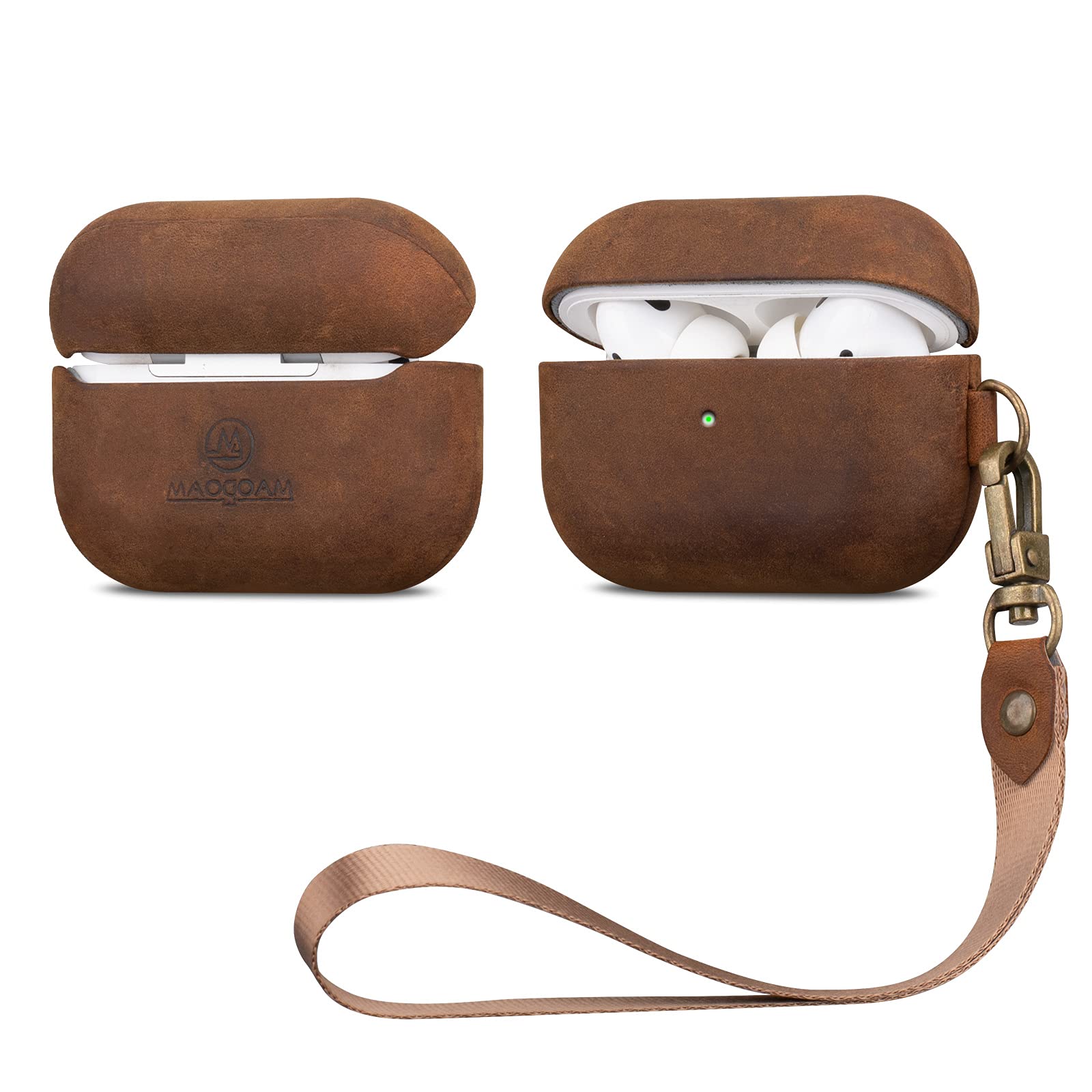 AirPods Pro Leather Case Cover with Hand Strap,  MAOGOAM  Genuine Vintage Oil Wax Crazy Horse Cowhide Leather Case Cover for Airpods Pro, Handcrafted Fully-Wrapped, The Front LED Visible, Dark Brown