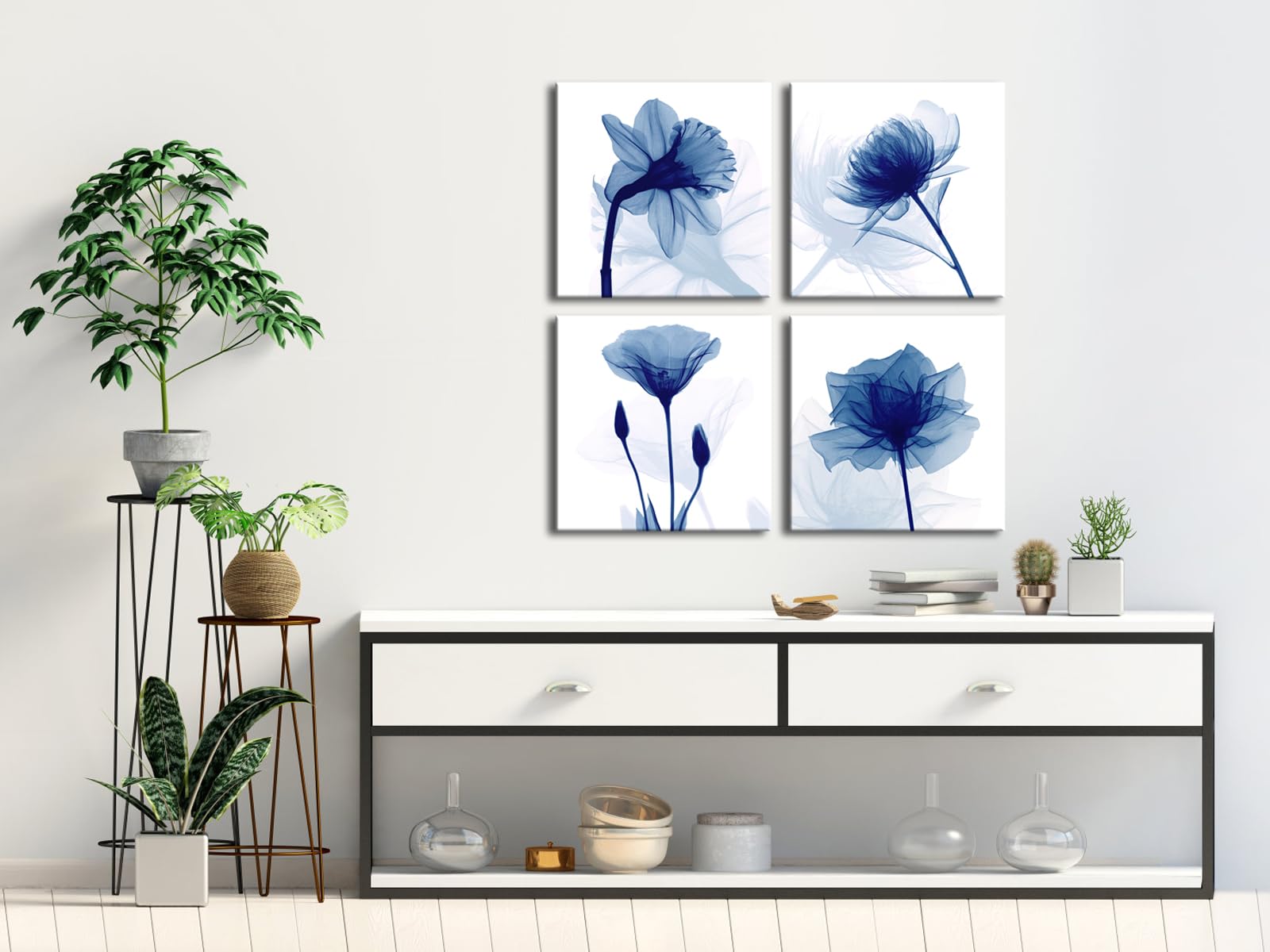 Canvas Schilderij, Elegante zilveren bloemen