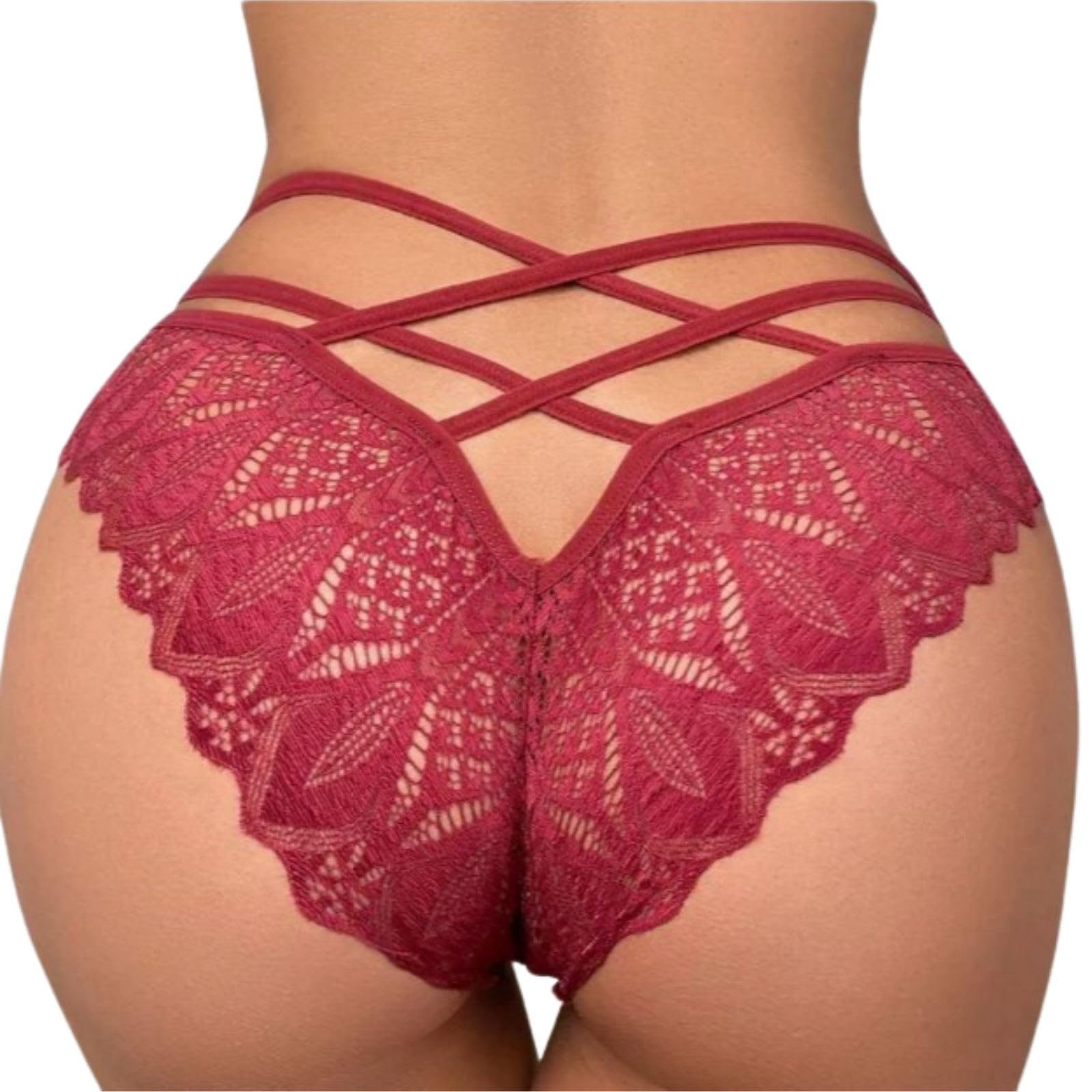 ROSVAJFY Women's Lace Knickers Sexy Cheeky Low Rise Thongs G-String Underwear Seamless Breathable Stretchy Panties See-Through Criss Cross Back Hollow Out Floral Lace Hipster Comfortable Bikini Brief