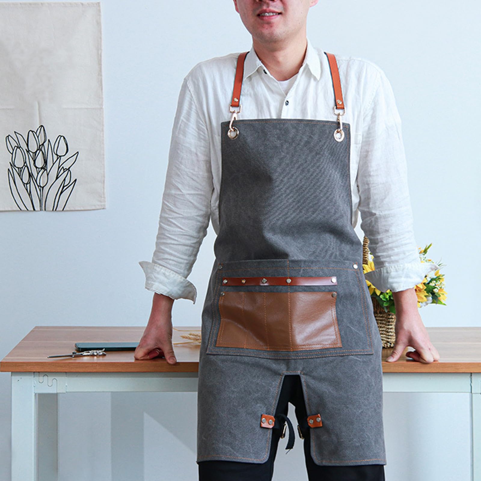 Delantal De Trabajo De Lona Perneras Divididas Ajustable Tirantes Cruzados Delantales para Barbacoa con Bolsillos para Hombre Y Mujer Apto para Tiendas, Jardines, Restaurantes