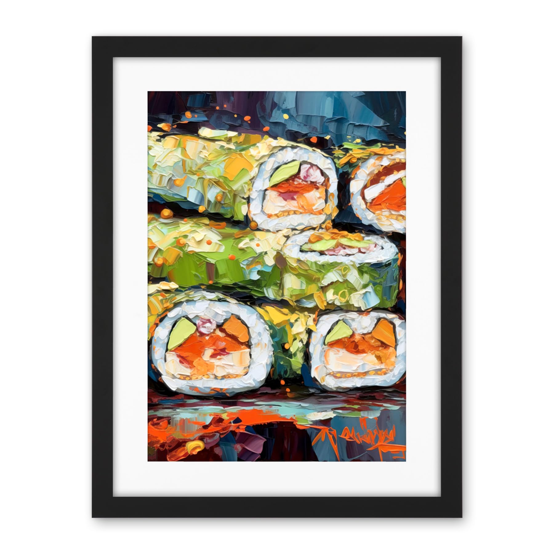 Artery8 Vibrant Japanese Cuisine Sushi Roll Oil Painting Artwork Framed Wall Art Print 18X24 Inch