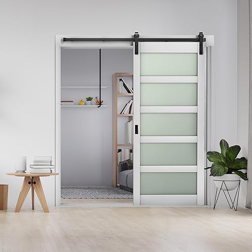 Puerta corrediza de granero de vidrio templado, 84 x 36 pulgadas, color blanco, puerta de granero de vidrio esmerilado individual con kit completo