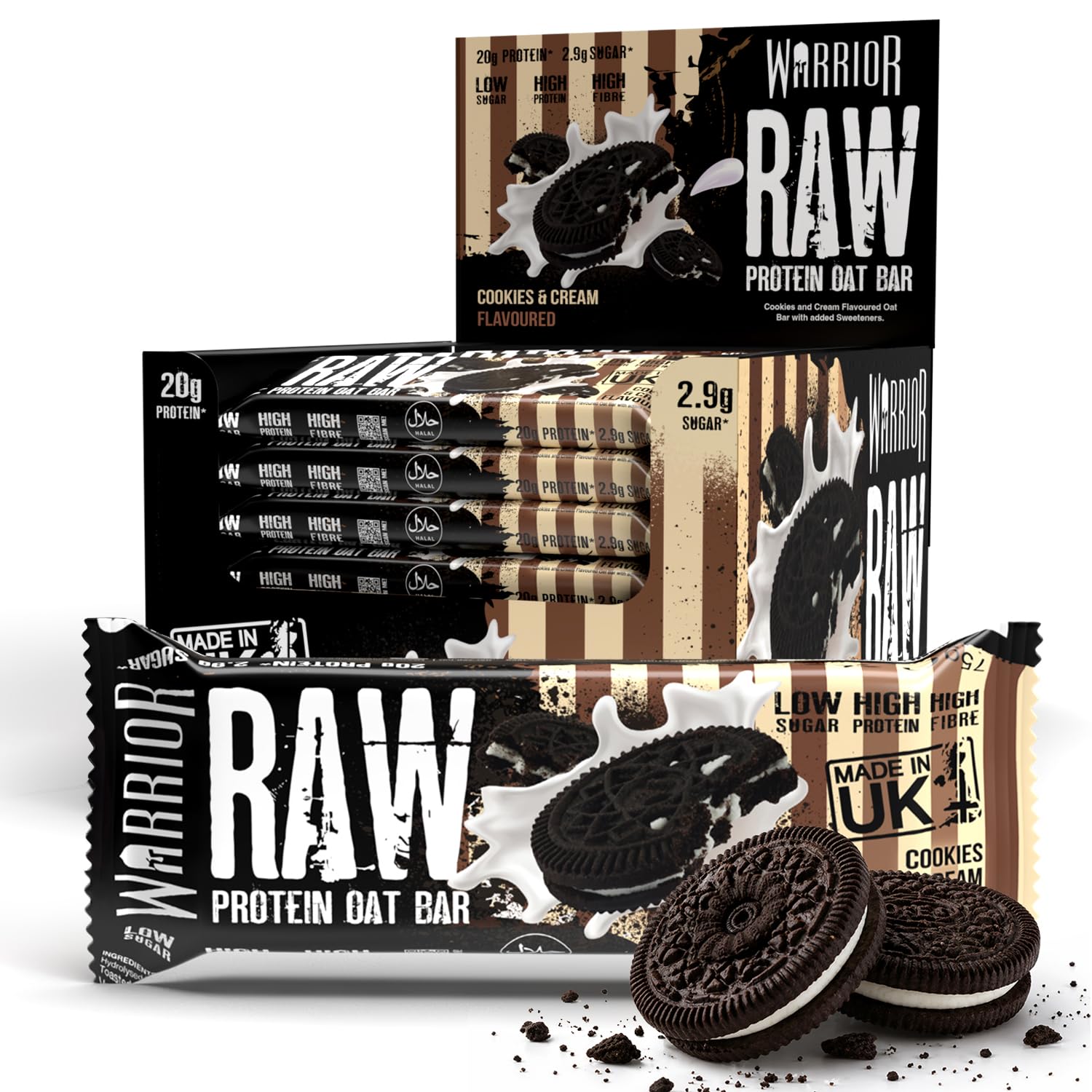 Warrior RAW Protein Flapjack 24 x 75g – 20g High Protein Bars, Low Sugar High Fibre Oat Bars – Protein Bars 24 Pack & Protein Snacks (Cookies and Cream)