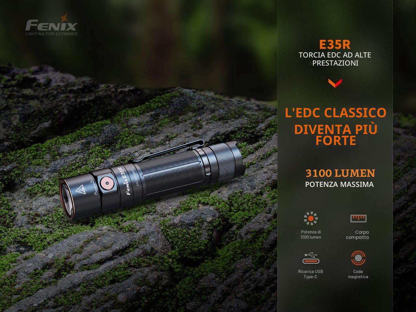 fenix E35R, torcia EDC ricaricabile ultra luminosa | 3100 lumen | 260 m | 69 ore max | tappo posteriore magnetico | alimentato a batteria 21700 | porta di ricarica USB-C | IP68