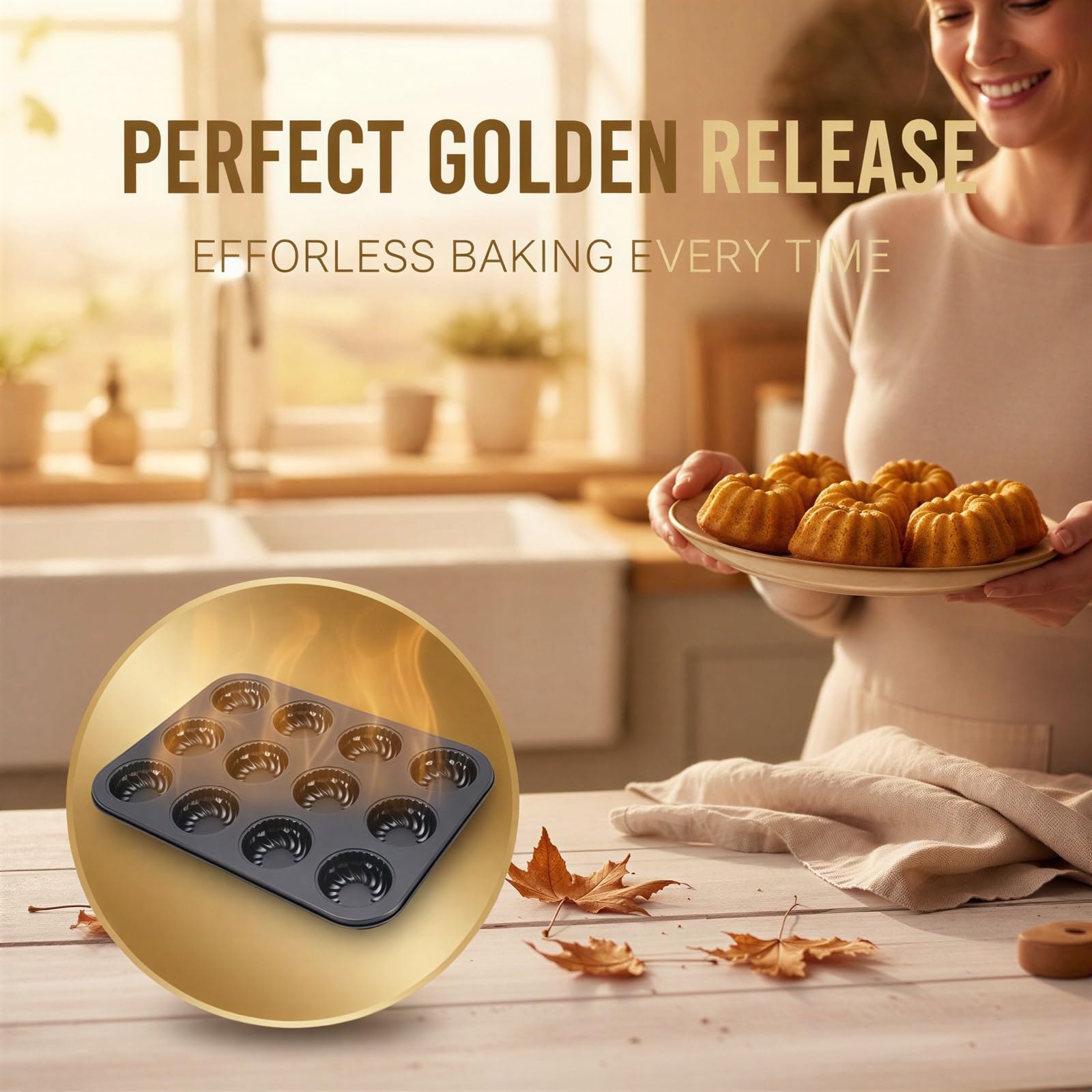 Lot de 2 moules à mini gâteaux cannelés à 12 cavités pour la cuisson au four, moule à muffins épais en acier au carbone avec revêtement antiadhésif, petit moule bundtlette en forme de citrouille, gris