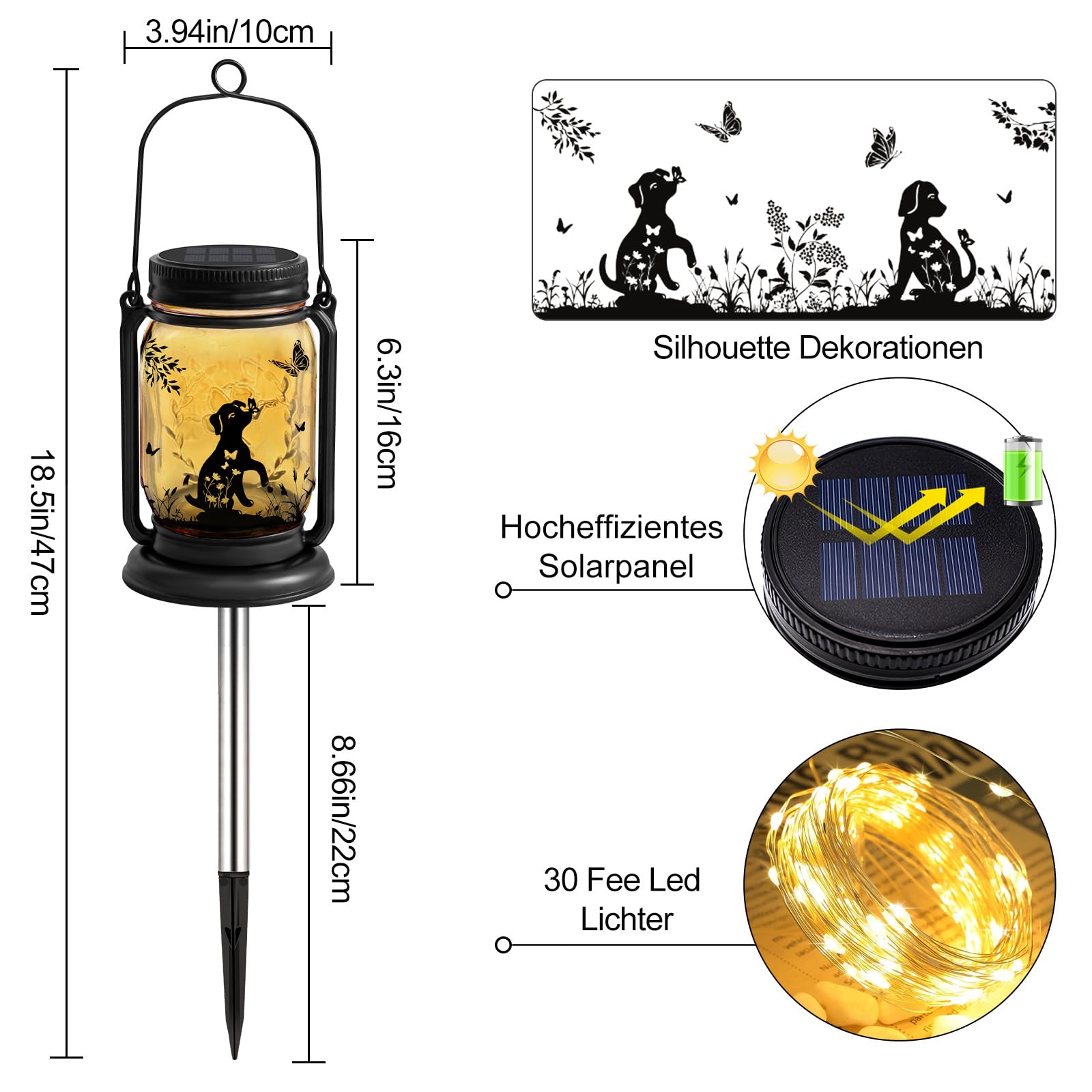 YJFWAL Hund Solar Outdoor Laternen wasserdicht, Hund für Frauen Mutter Weihnachten, 3-in-1 Maurer Glas hängende Laternen mit Stake, Garten Dekor Lichter für Patio Hof Veranda Rasen Balkon