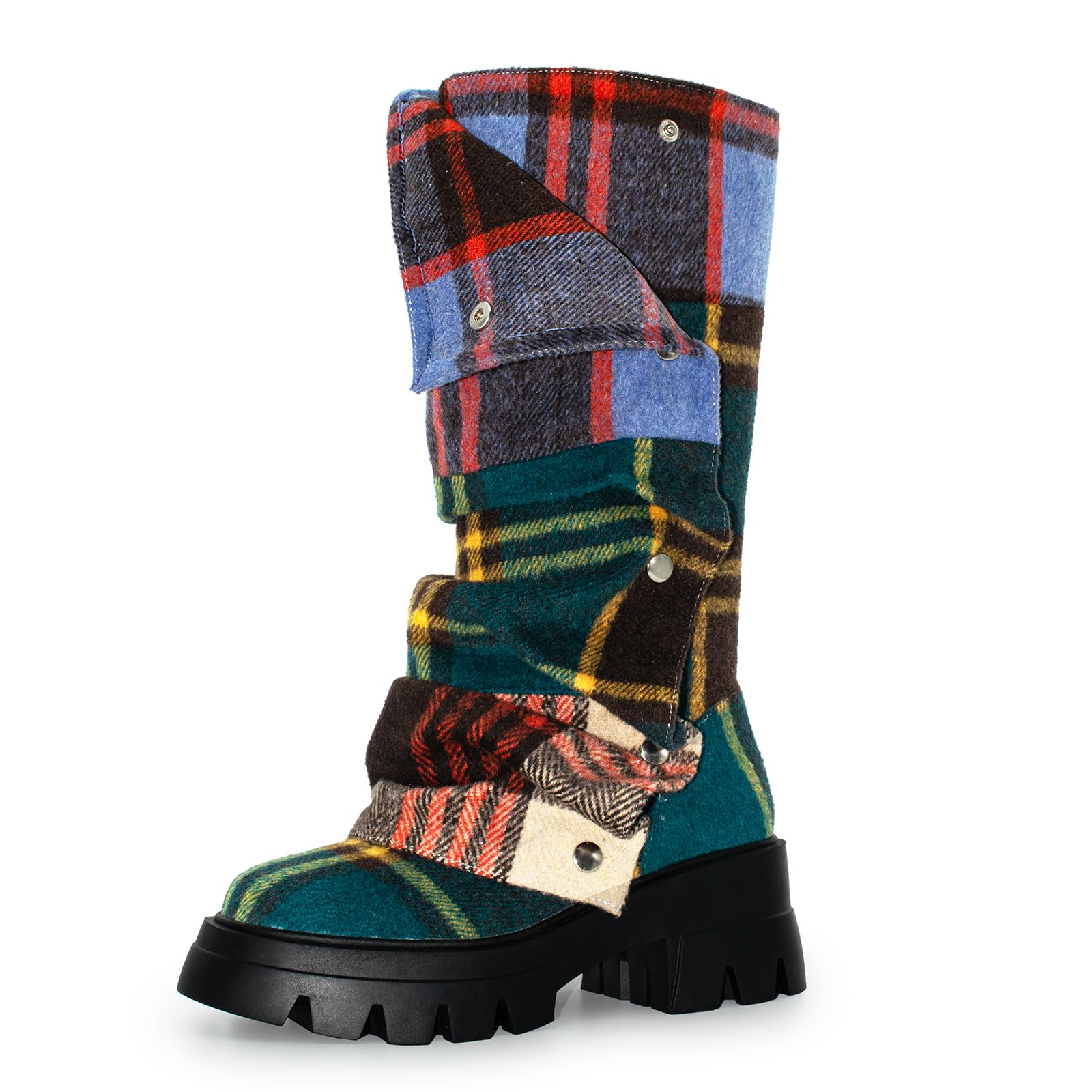 Womens Platform Fold Over Combat Boots Slouchy wide Calf chunky Heel Round Toe Western Pull on Fashion cute