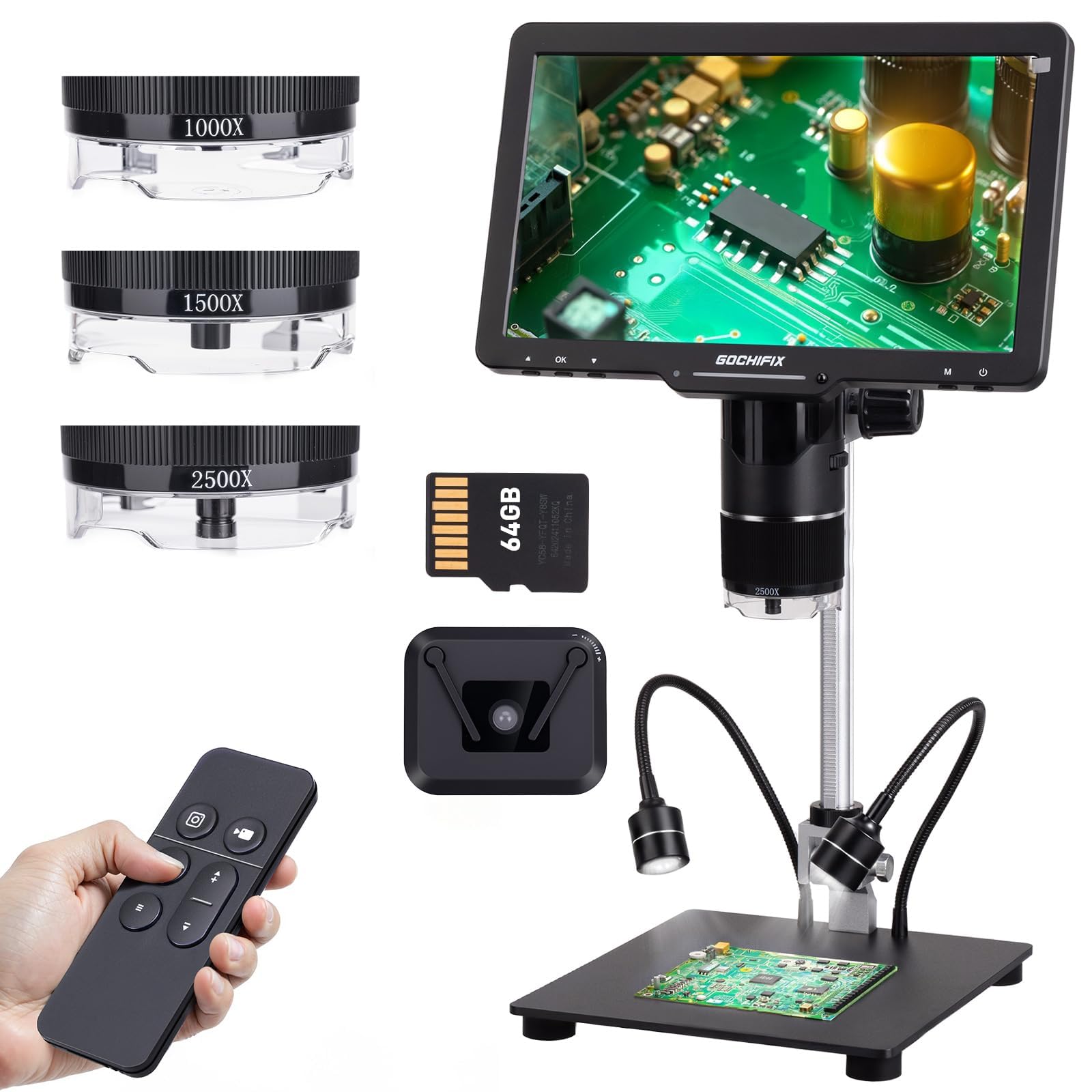 Microscopio digitale 2500X con 3 lenti 2K HDMI da 10,1 pollici | Saldatura schermo IPS e microscopio a moneta con 12 luci LED | Uscita PC/TV e spazio di archiviazione da 64 GB per elettronica e uso