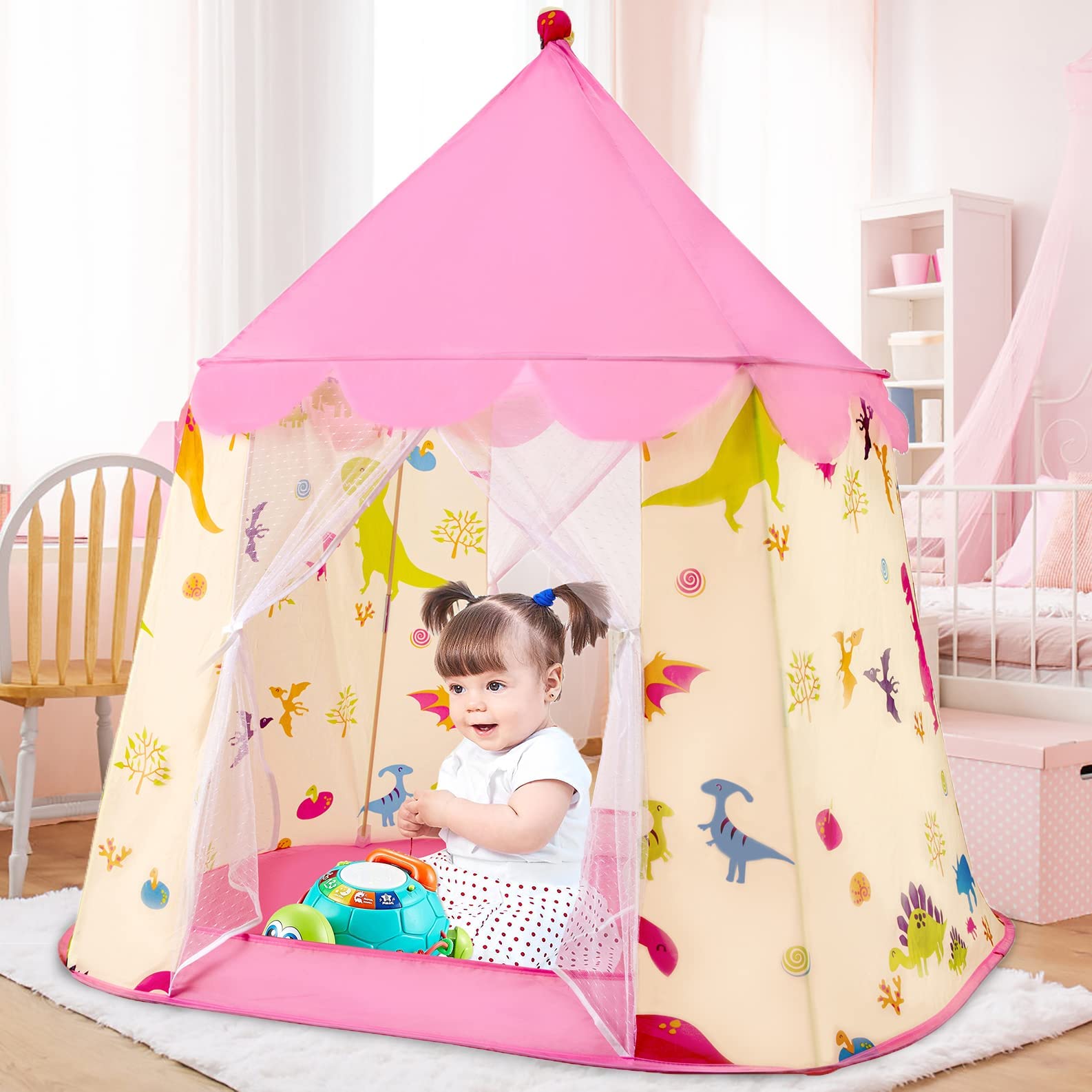 Kids Play Tents for Girls, Cute Dinosaur Fairy Playhouse for Kids, Princess Castle Tent Indoor and Outdoor with 2 Doors Gift Toys for Toddler Play House Tent with Carrying Bag Funsalnd